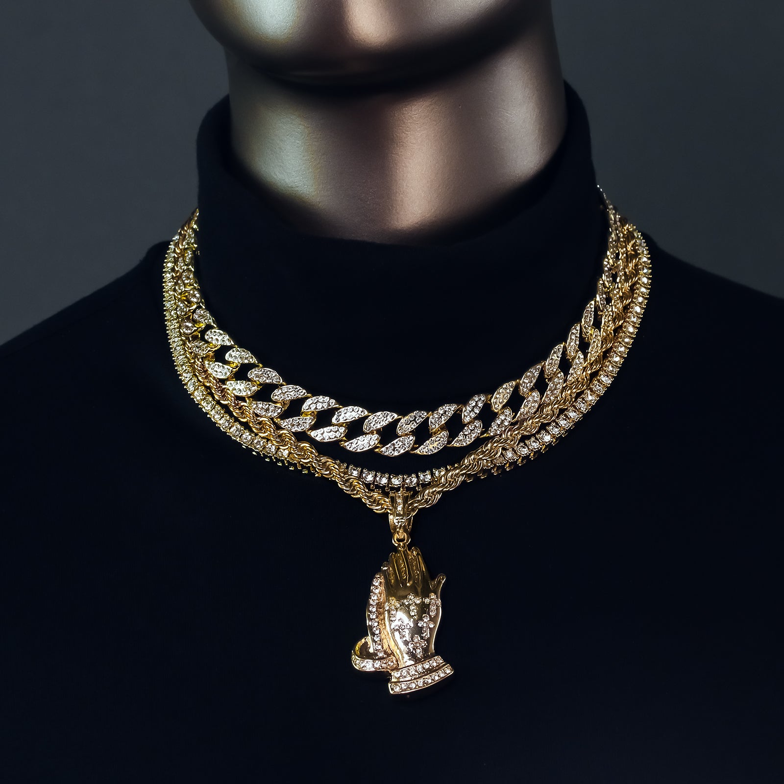 Payer Hand 4 Pcs Set Clear Cz Cuban, Tennis & Rope Chain Bundle Gold PT