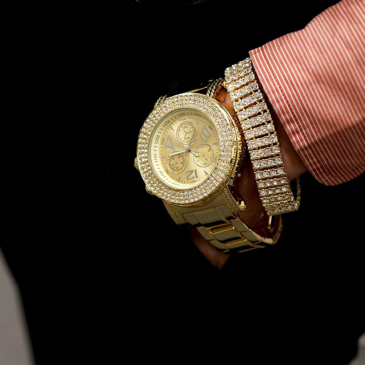 TK3 Gold Ice Out Techno KING Watch & Bracelet SET