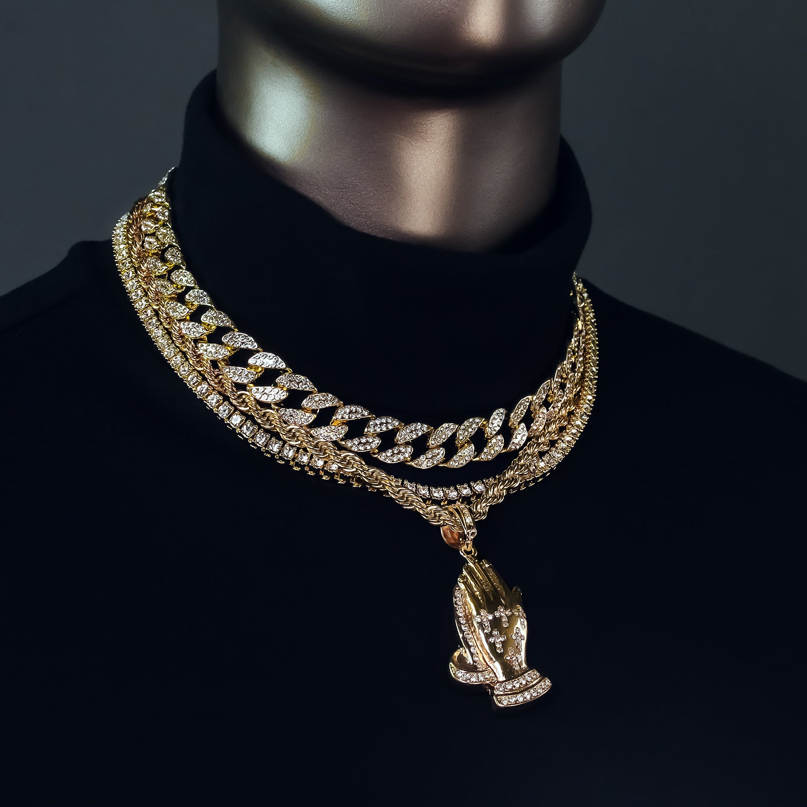 Payer Hand 4 Pcs Set Clear Cz Cuban, Tennis & Rope Chain Bundle Gold PT