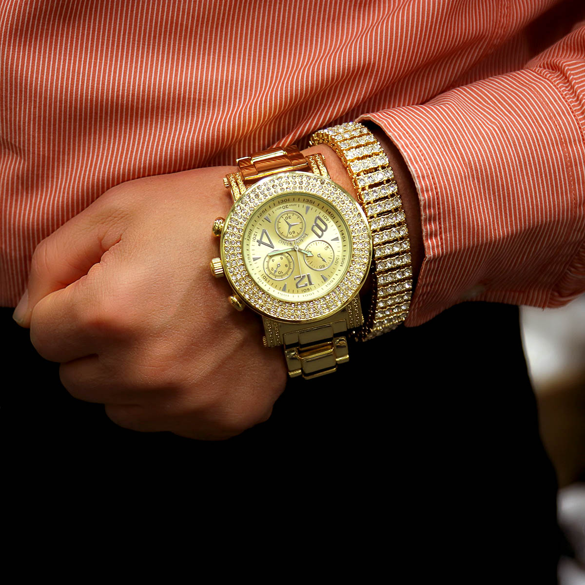 TK3 Gold Ice Out Techno KING Watch & Bracelet SET