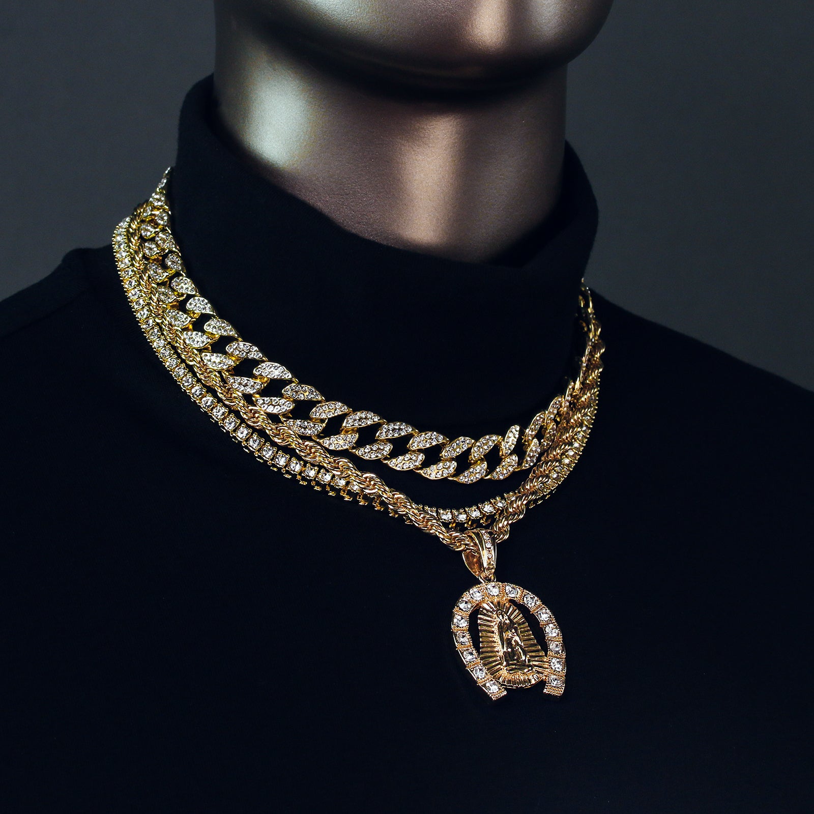 Horse Shoe Guadalupe 4 Pcs Set Clear Cz Cuban, Tennis & Rope Chain Bundle Gold PT