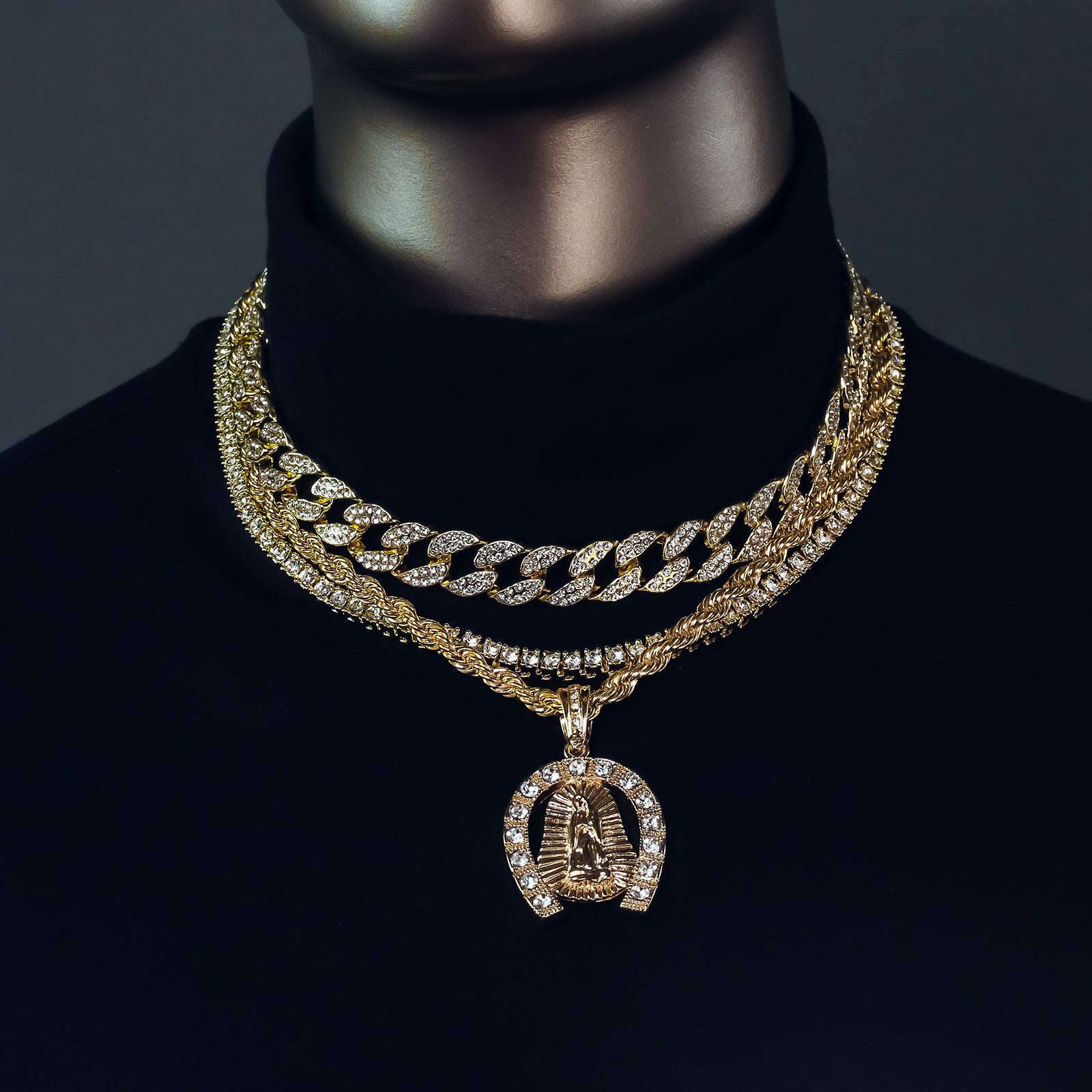 Horse Shoe Guadalupe 4 Pcs Set Clear Cz Cuban, Tennis & Rope Chain Bundle Gold PT