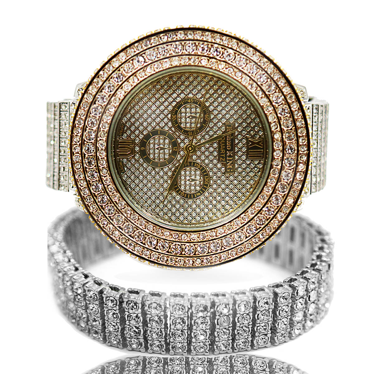 Two Tone Gold Ice Out Techno KING Watch & Bracelet SET