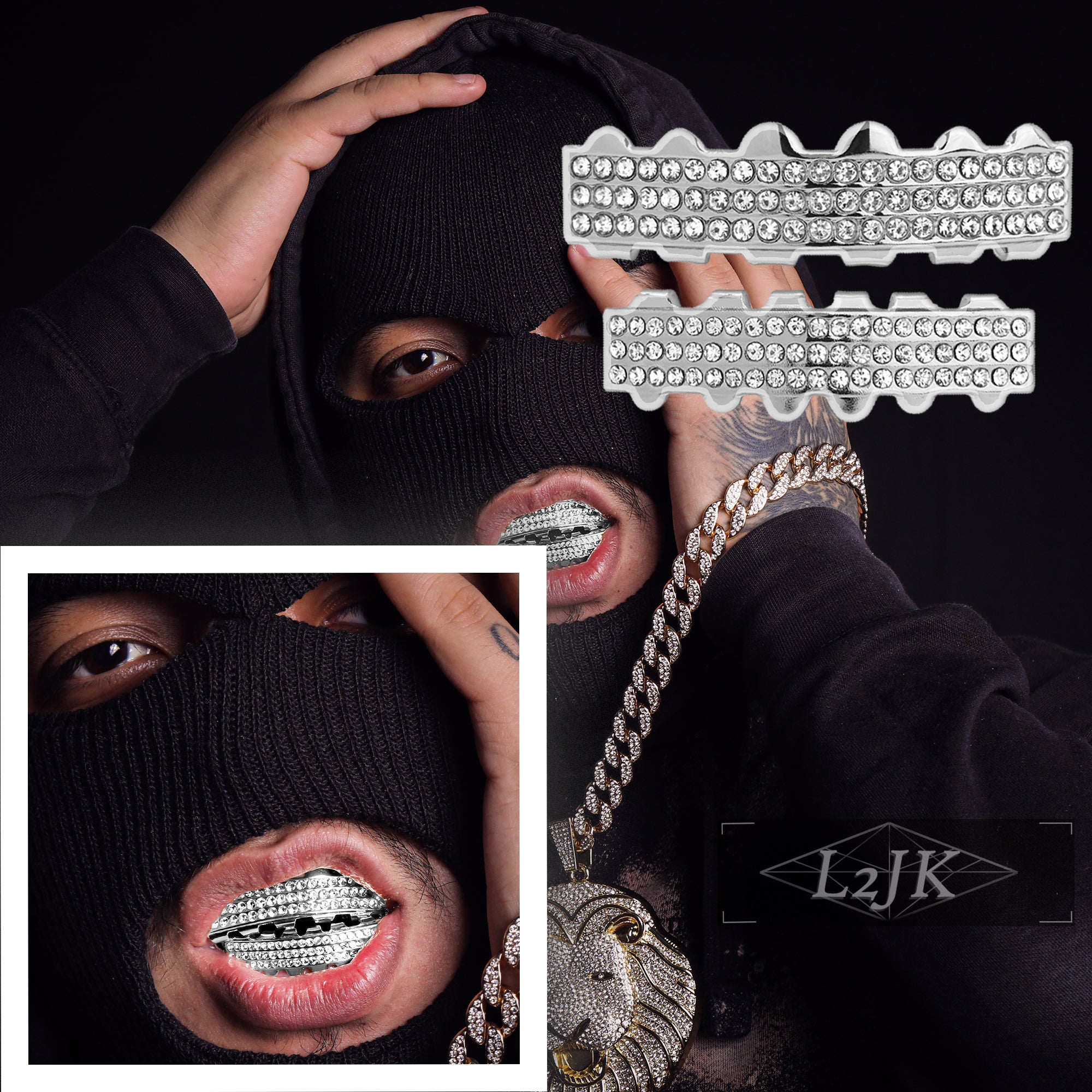 3 ROW 18k WHITE GOLD FULLY ICED TOP & BOTTOM GRILLZ