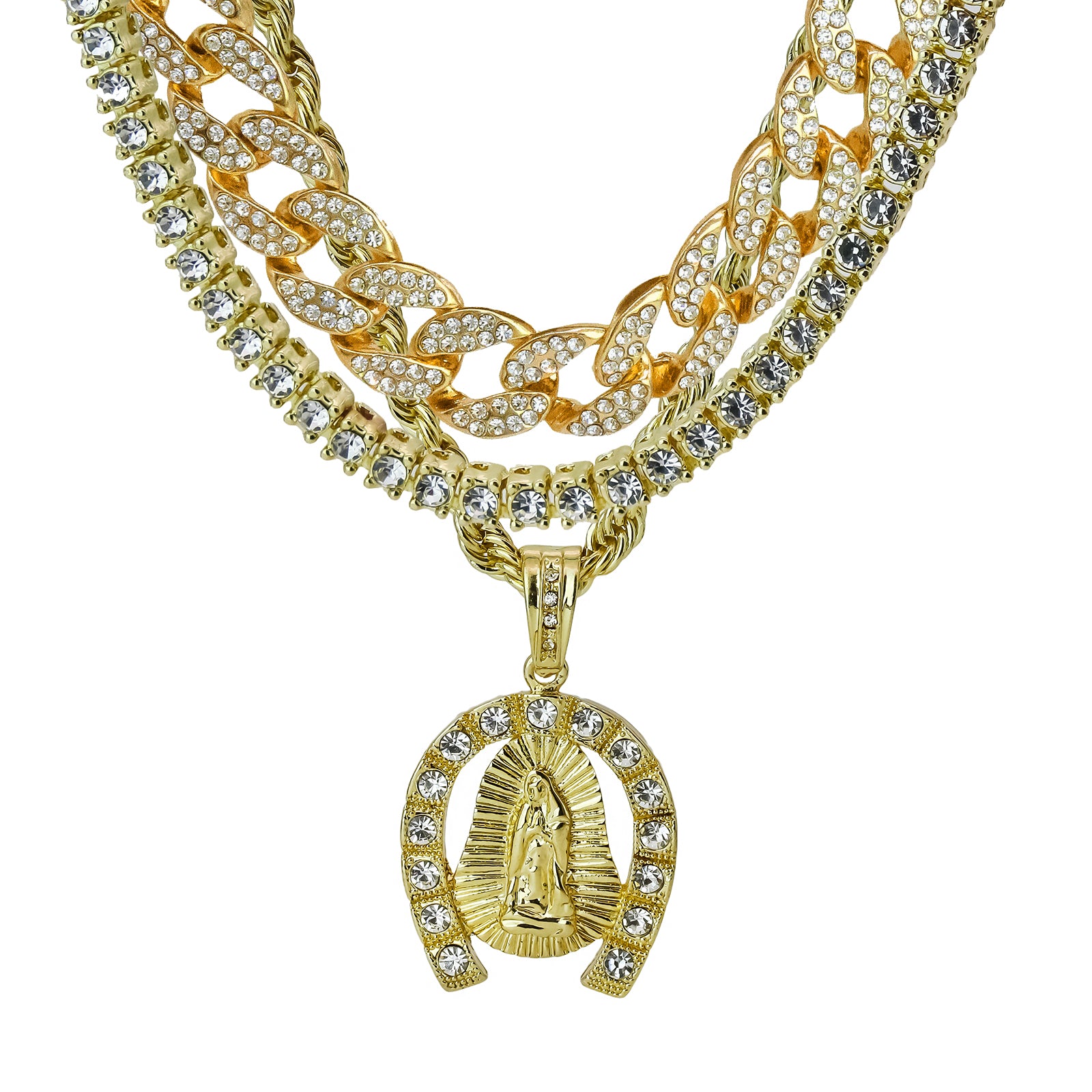 Horse Shoe Guadalupe 4 Pcs Set Clear Cz Cuban, Tennis & Rope Chain Bundle Gold PT