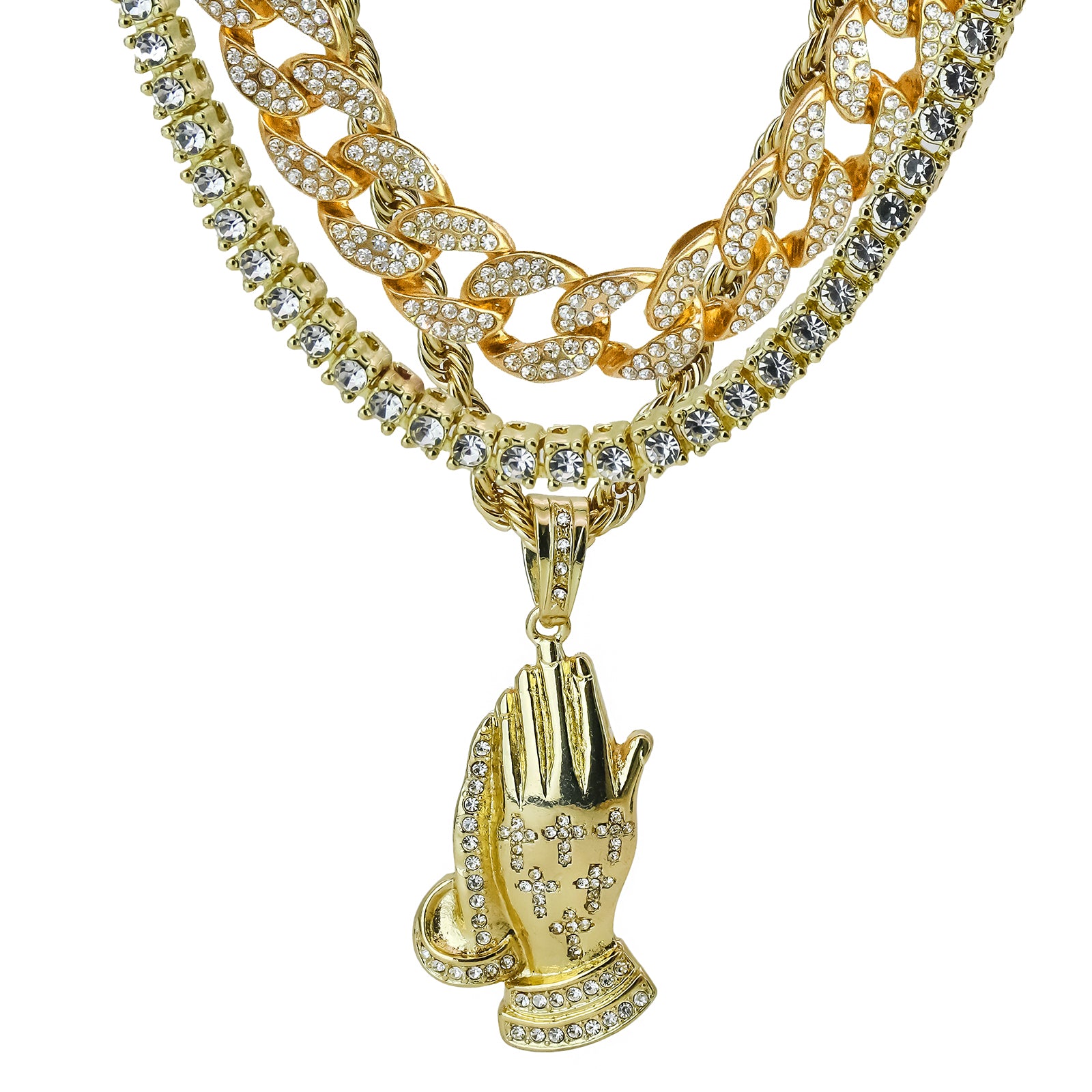 Payer Hand 4 Pcs Set Clear Cz Cuban, Tennis & Rope Chain Bundle Gold PT