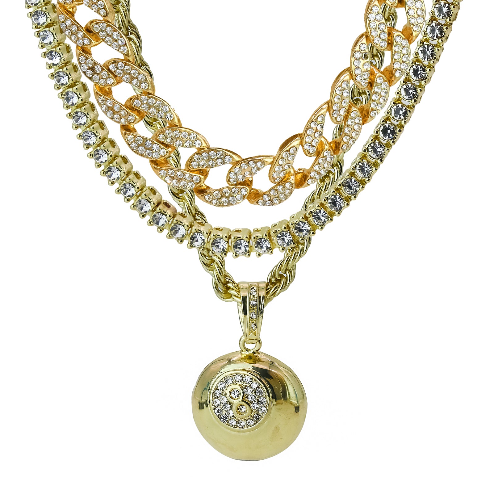 #8 Ball  4 Pcs Set Clear Cz Cuban, Tennis & Rope Chain Bundle Gold PT