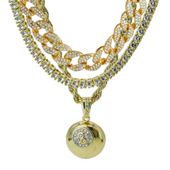 #8 Ball  4 Pcs Set Clear Cz Cuban, Tennis & Rope Chain Bundle Gold PT