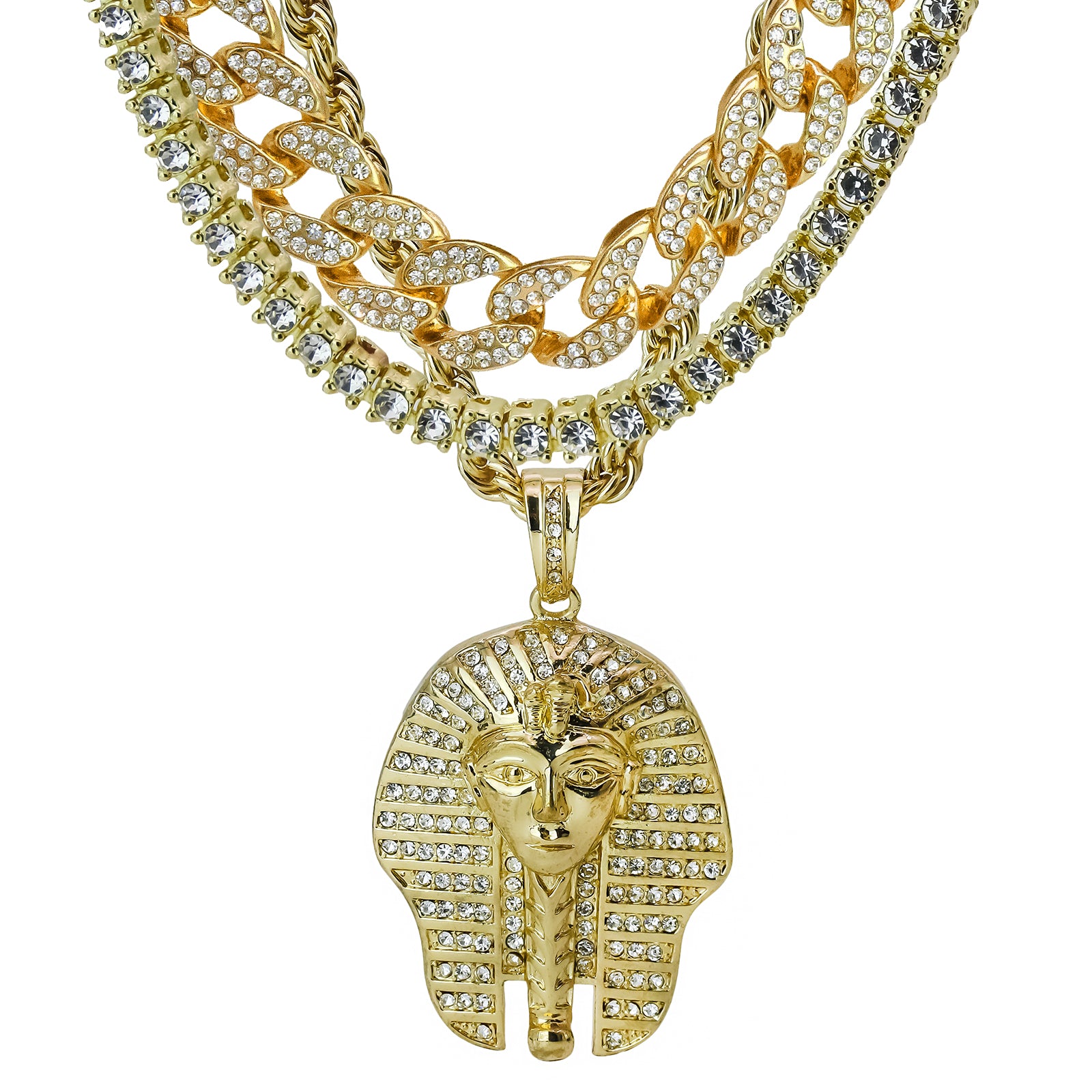 Egyptian Pharaoh 4 Pcs Set Clear Cz Cuban, Tennis & Rope Chain Bundle Gold PT