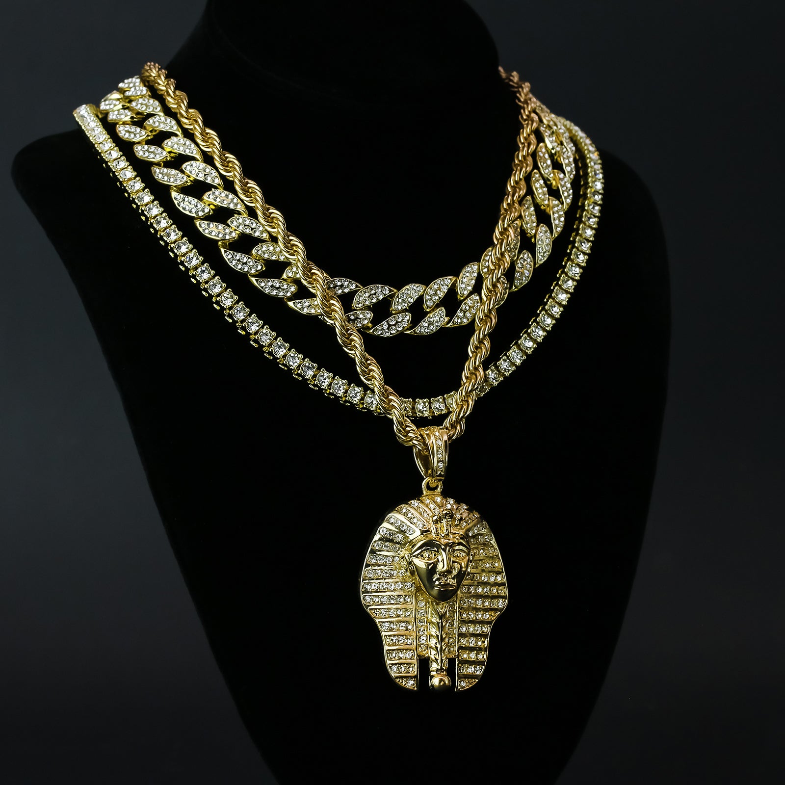 Egyptian Pharaoh 4 Pcs Set Clear Cz Cuban, Tennis & Rope Chain Bundle Gold PT
