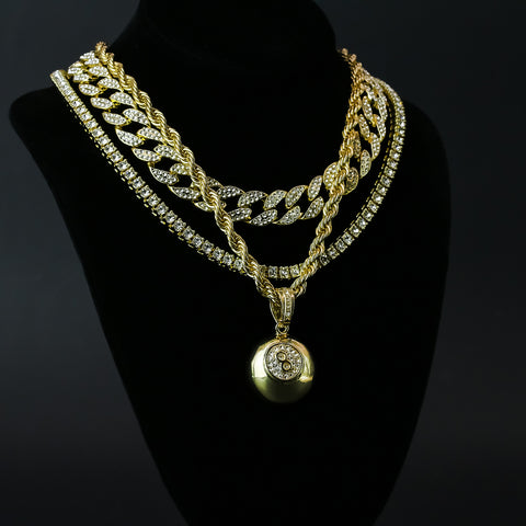 #8 Ball  4 Pcs Set Clear Cz Cuban, Tennis & Rope Chain Bundle Gold PT