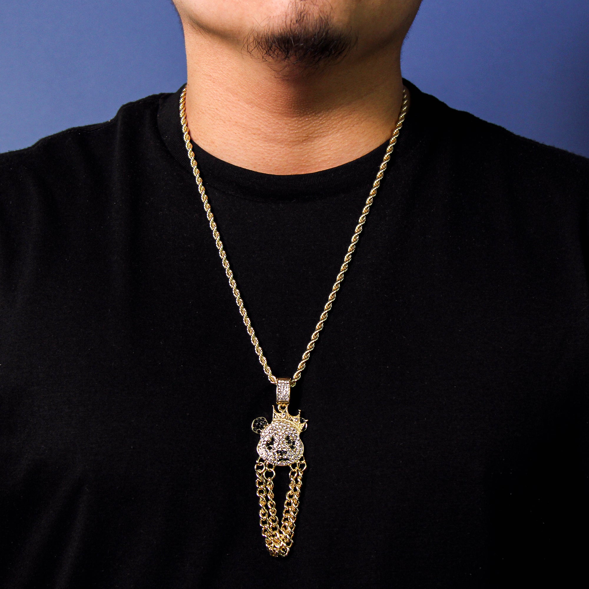 Two Chains Panda Pendant Rope Necklace Chain Men's Hip Hop 18k Cz Jewelry