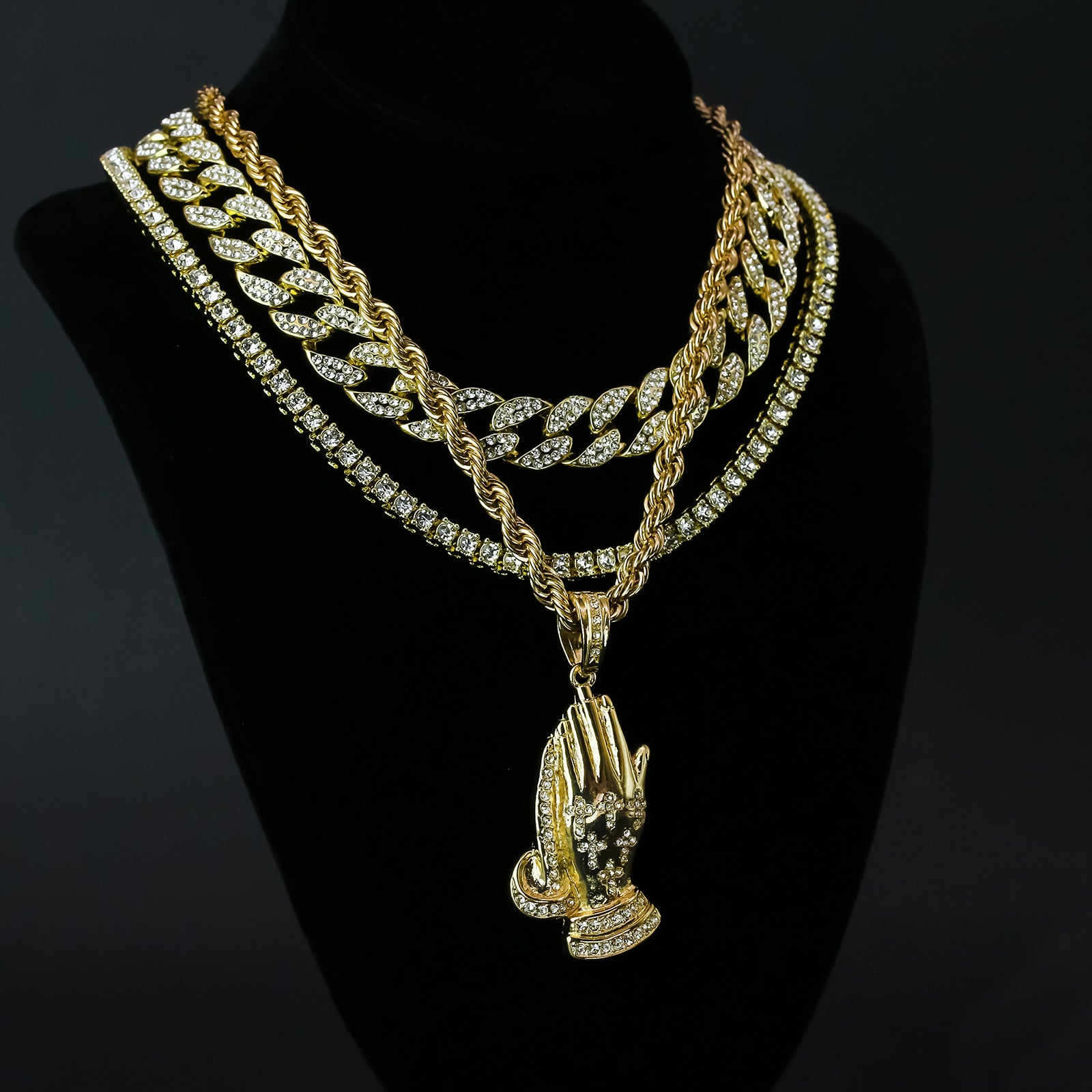 Payer Hand 4 Pcs Set Clear Cz Cuban, Tennis & Rope Chain Bundle Gold PT