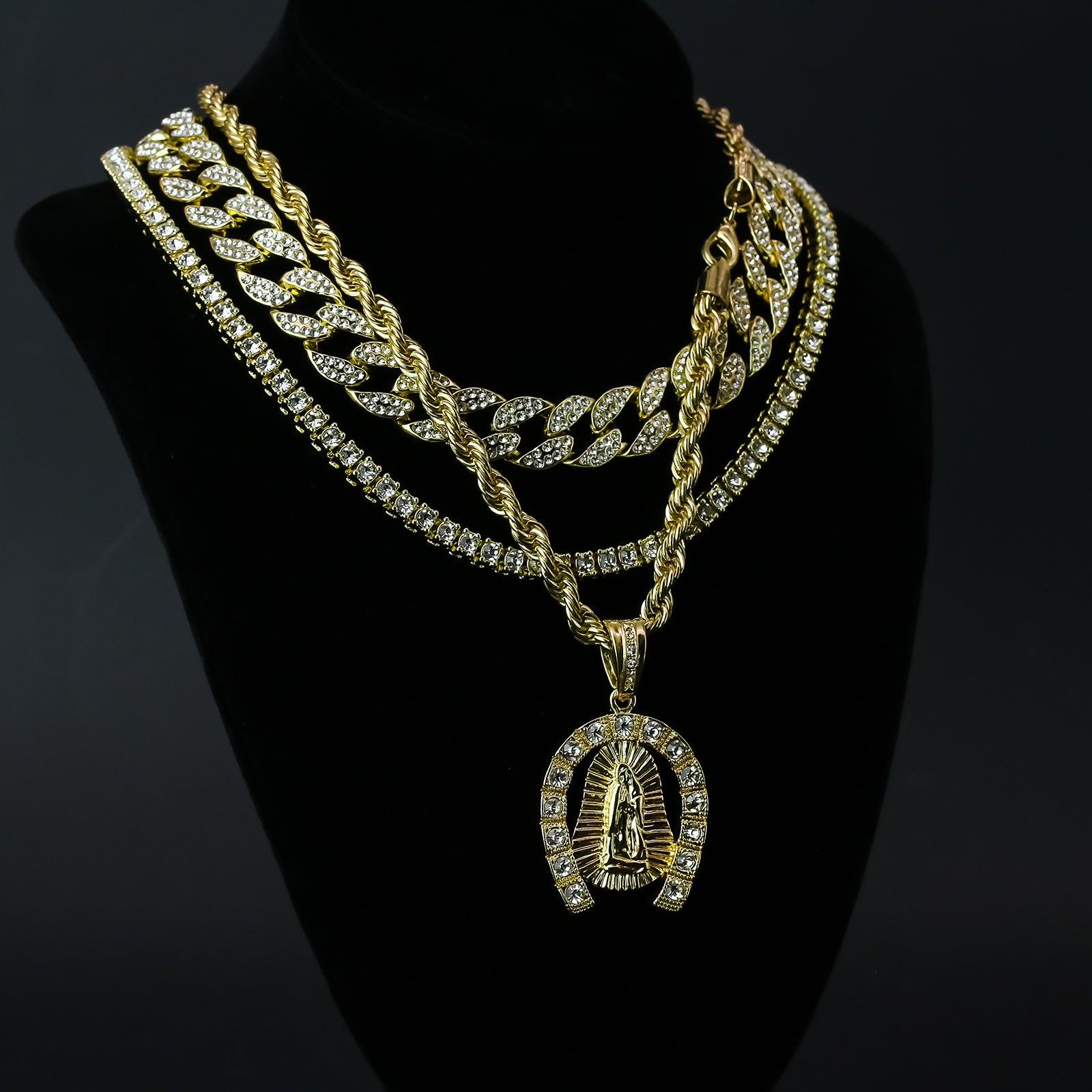 Horse Shoe Guadalupe 4 Pcs Set Clear Cz Cuban, Tennis & Rope Chain Bundle Gold PT