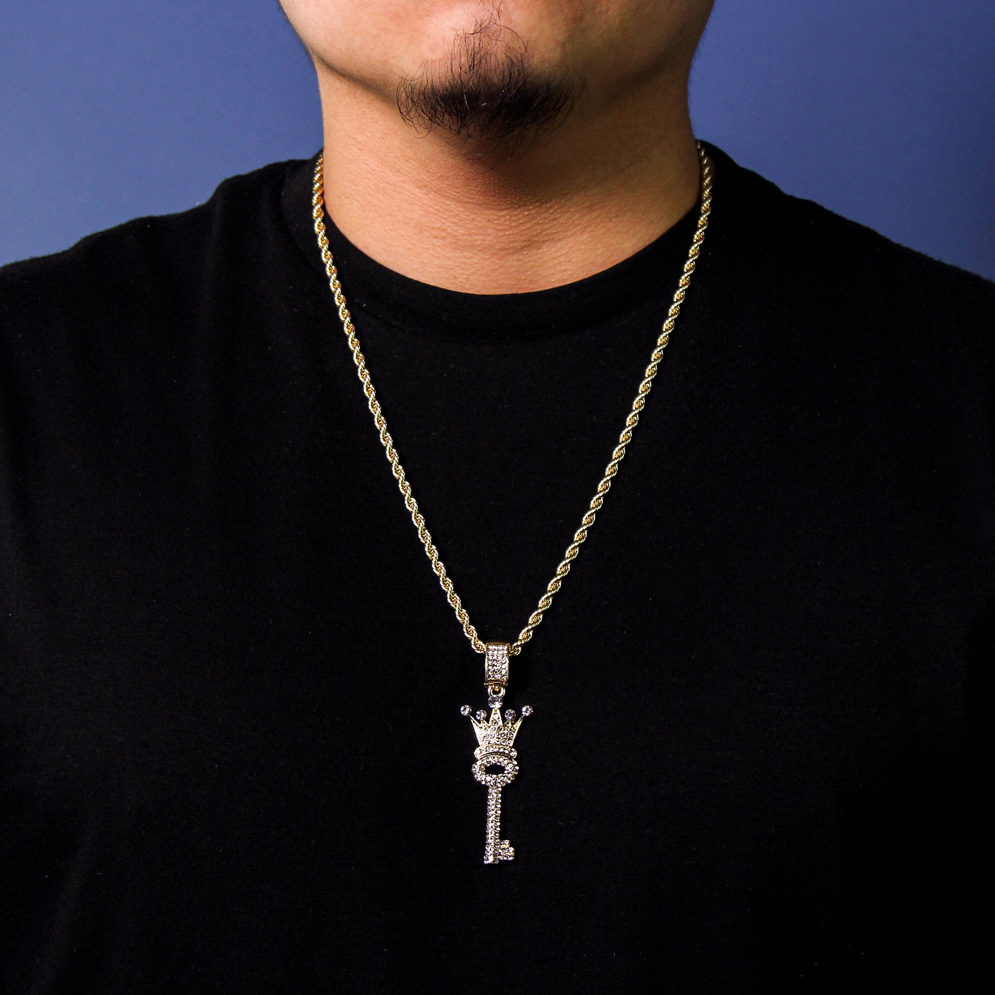 OG Crowned Key Pendant Rope Necklace Chain Men's Hip Hop 18k Cz Jewelry