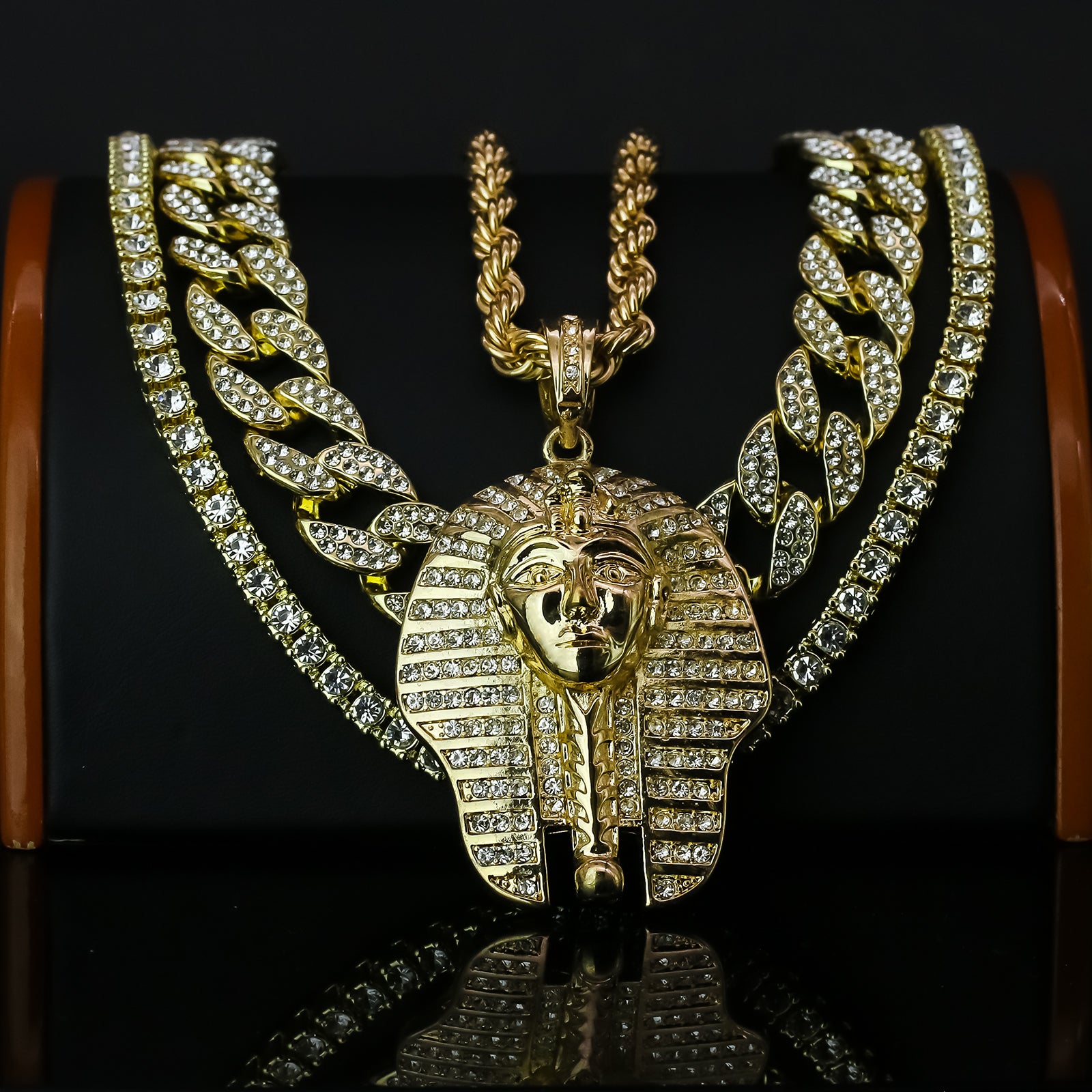 Egyptian Pharaoh 4 Pcs Set Clear Cz Cuban, Tennis & Rope Chain Bundle Gold PT