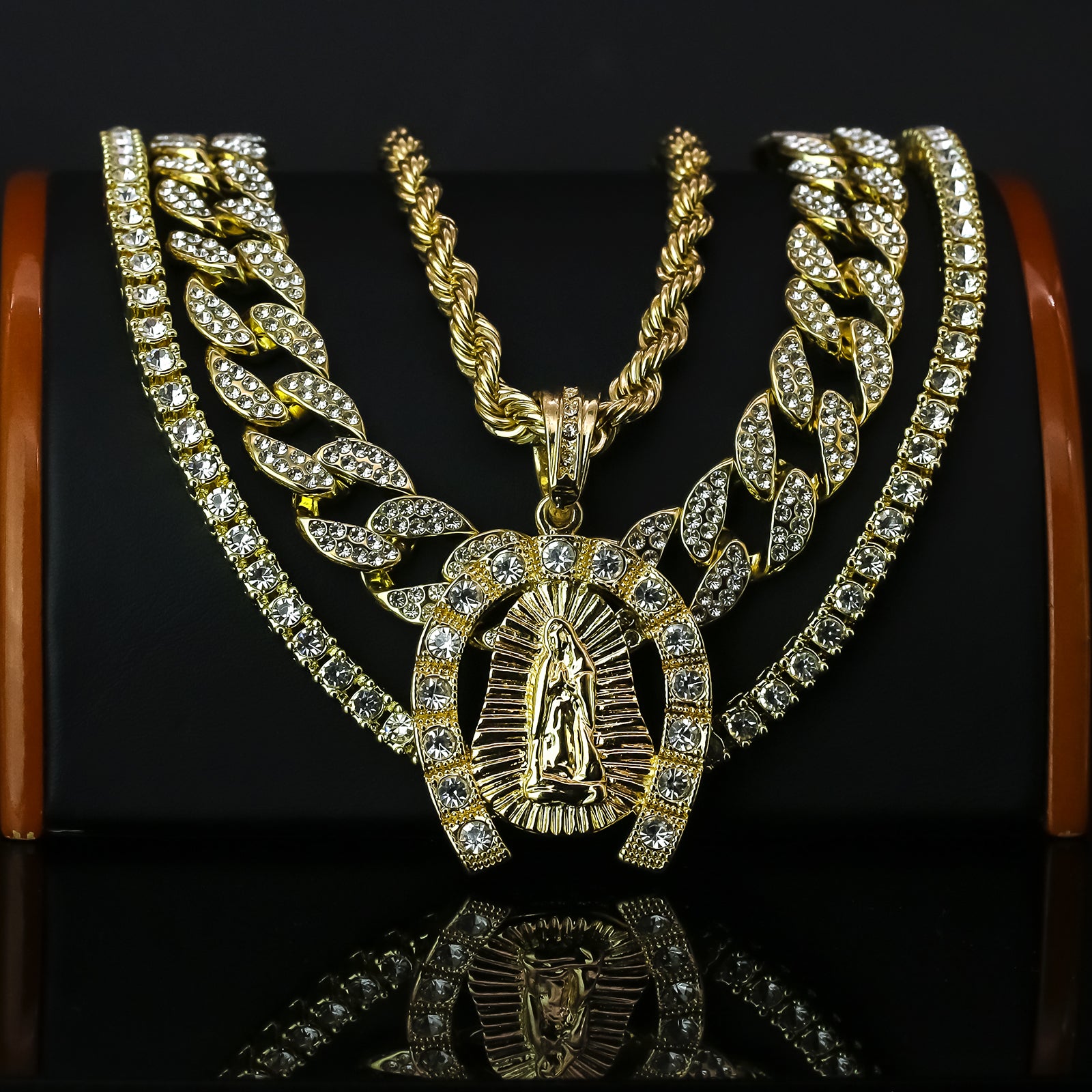 Horse Shoe Guadalupe 4 Pcs Set Clear Cz Cuban, Tennis & Rope Chain Bundle Gold PT