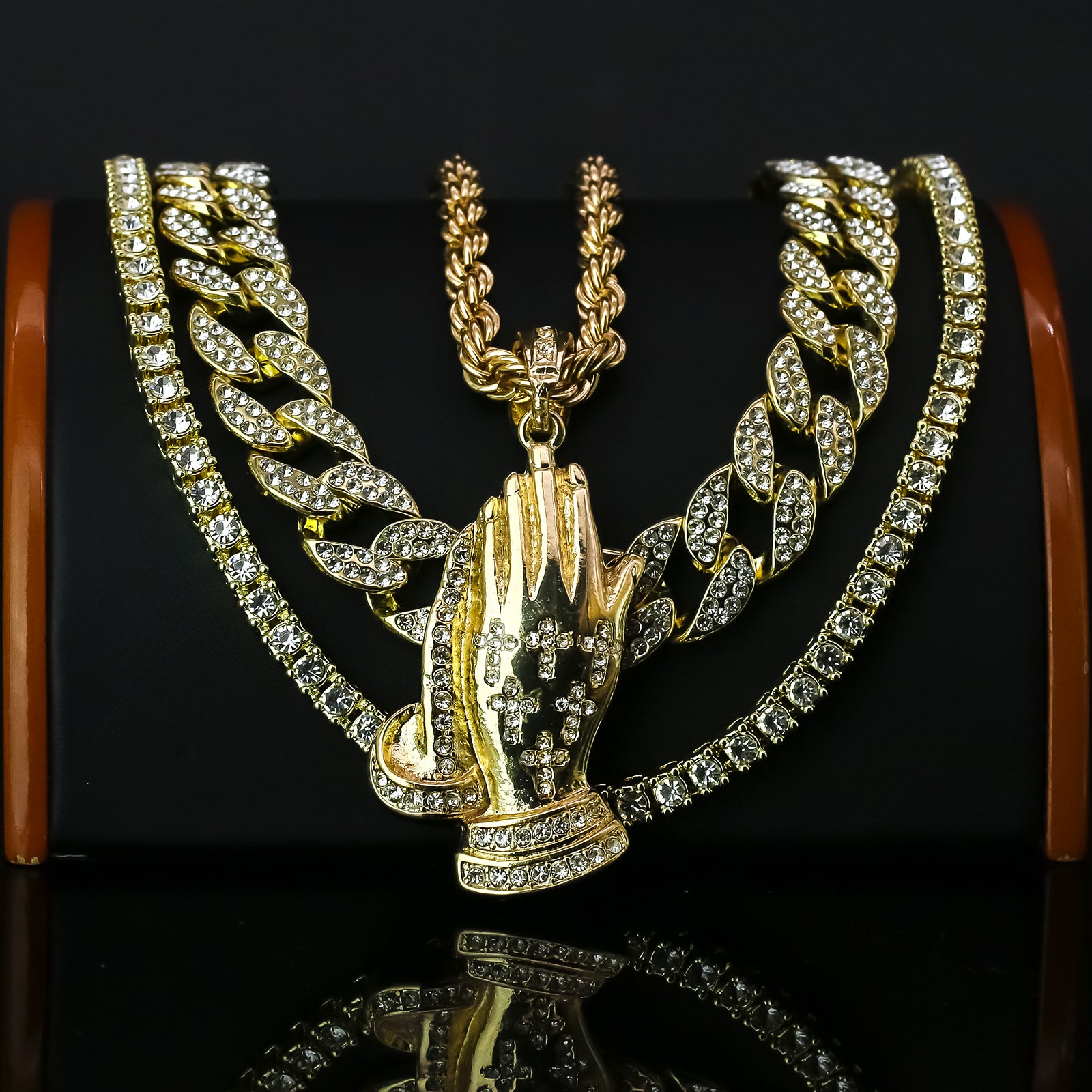 Payer Hand 4 Pcs Set Clear Cz Cuban, Tennis & Rope Chain Bundle Gold PT