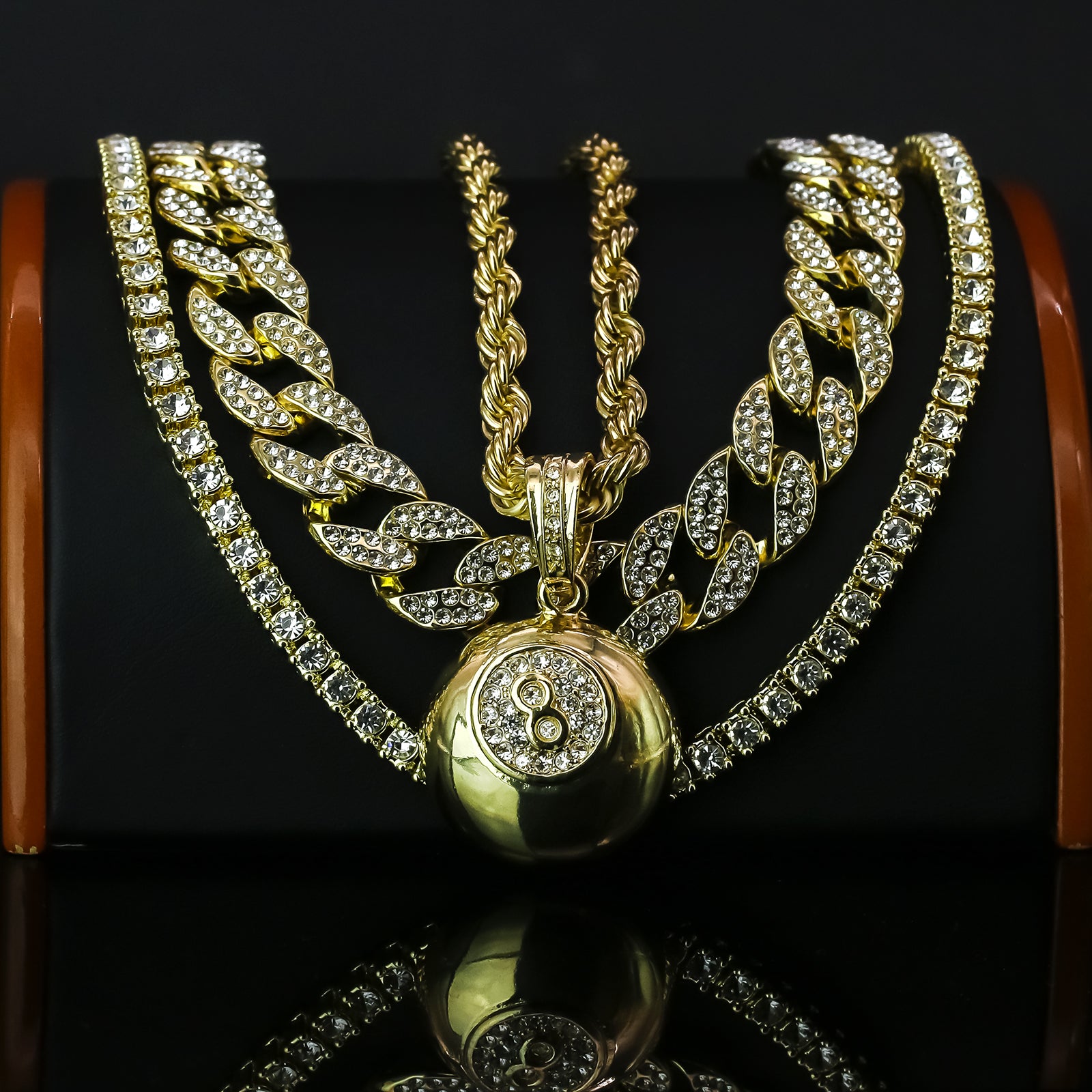 #8 Ball  4 Pcs Set Clear Cz Cuban, Tennis & Rope Chain Bundle Gold PT