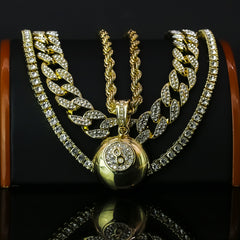 #8 Ball  4 Pcs Set Clear Cz Cuban, Tennis & Rope Chain Bundle Gold PT