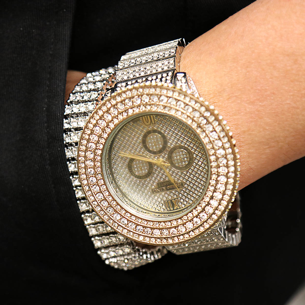 Two Tone Gold Ice Out Techno KING Watch & Bracelet SET