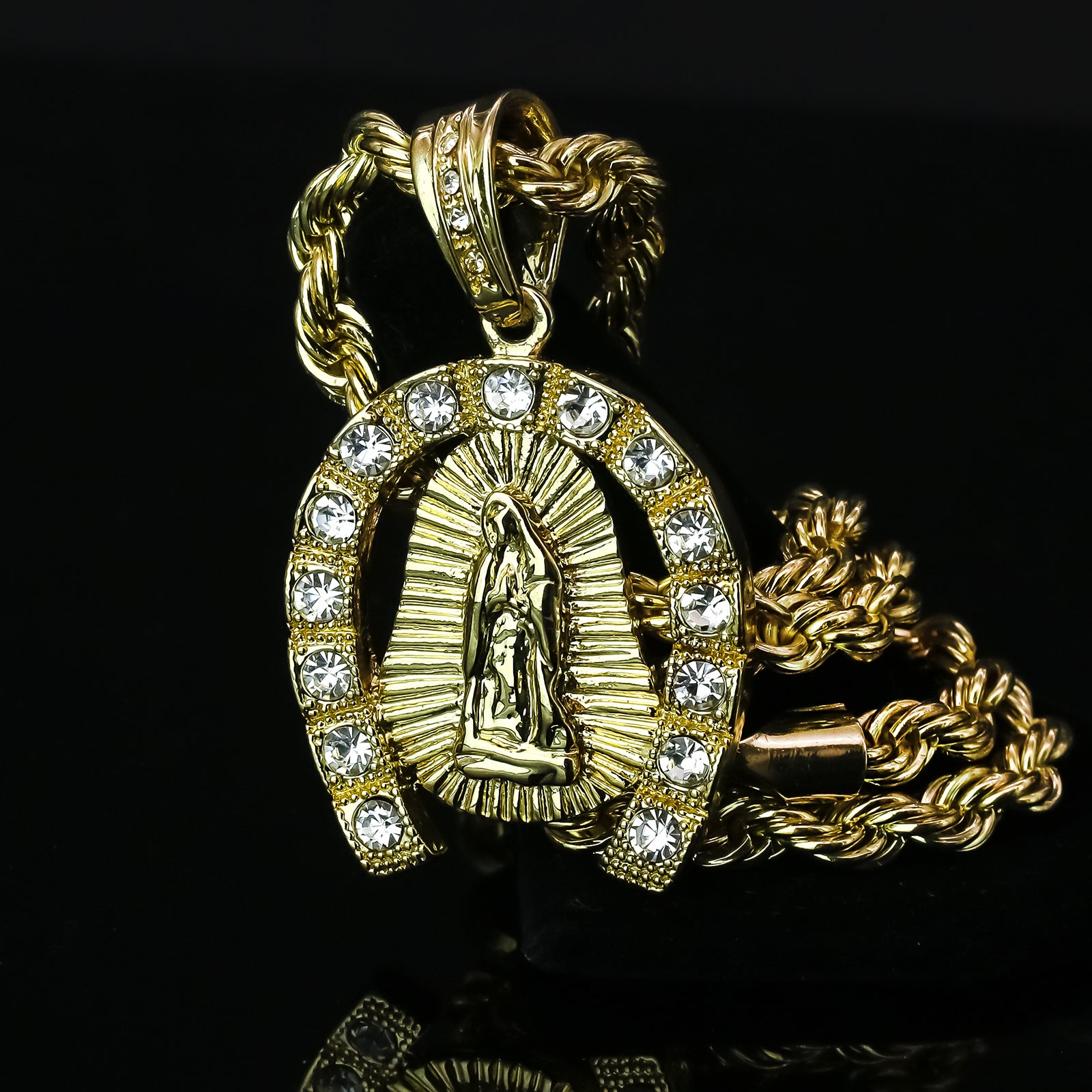 Horse Shoe Guadalupe 4 Pcs Set Clear Cz Cuban, Tennis & Rope Chain Bundle Gold PT