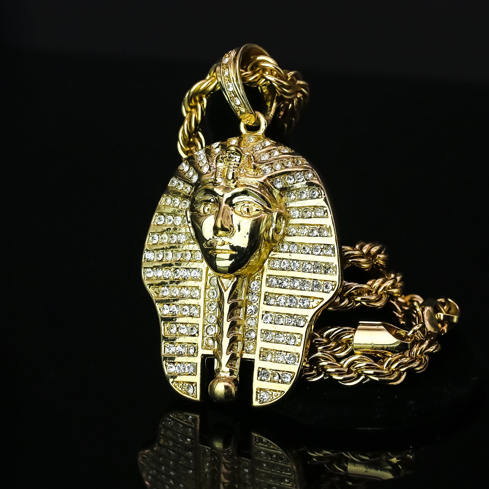 Egyptian Pharaoh 4 Pcs Set Clear Cz Cuban, Tennis & Rope Chain Bundle Gold PT