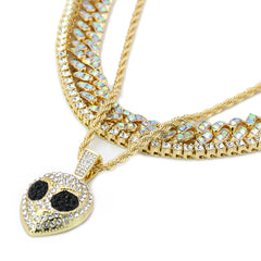 High Fashion Gold Plated AB 2 Row Cuban Tennis Chains & Cz Alien Head Pendant