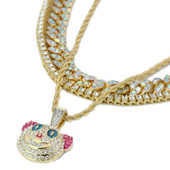 High Fashion Gold Plated AB 2 Row Cuban Tennis Chains & Cz Clown Head Pendant