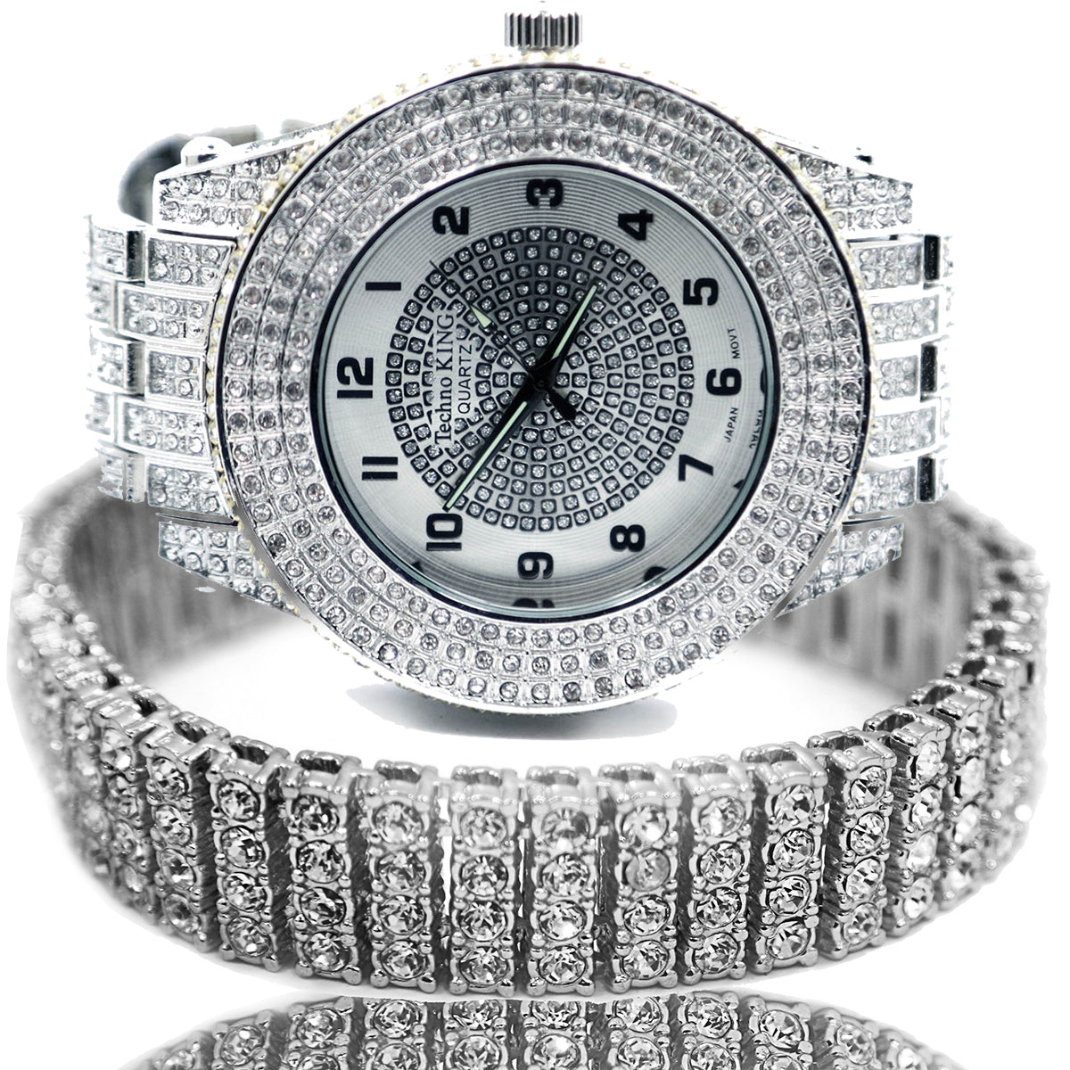 White Gold Ice Out Techno KING Watch & Bracelet SET 5