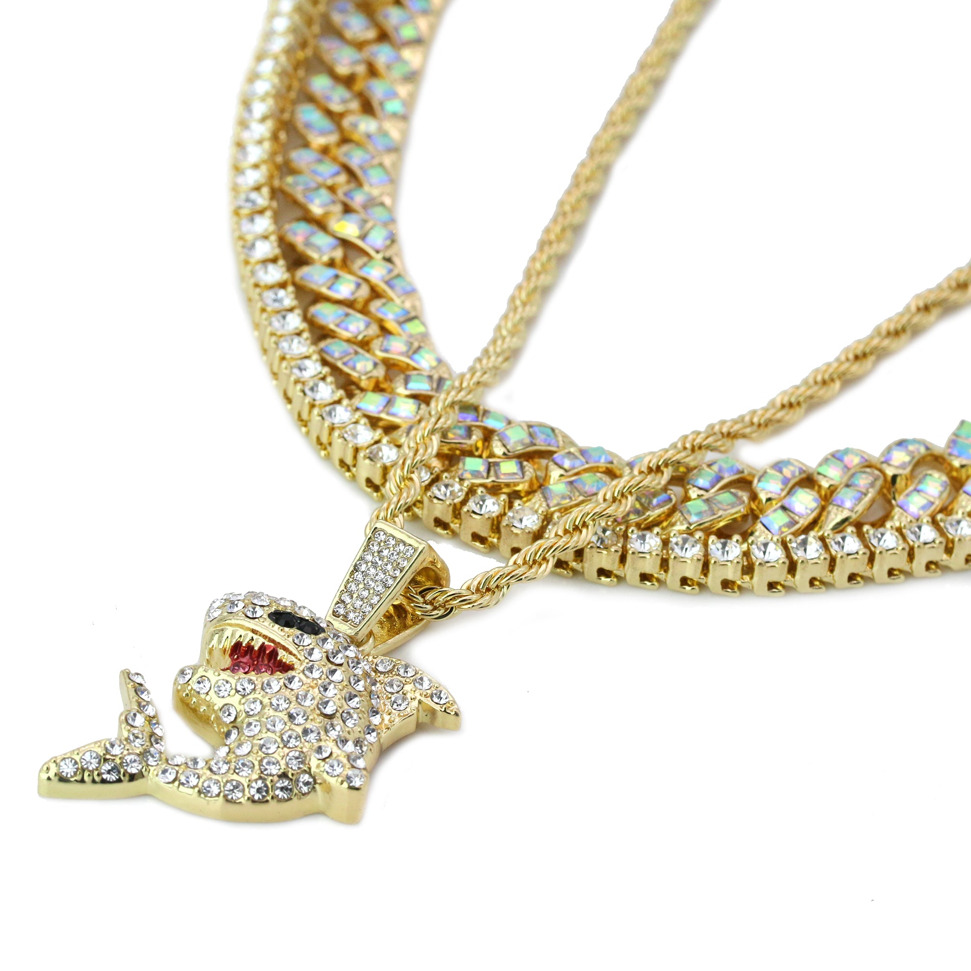 High Fashion Gold Plated AB 2 Row Cuban Tennis Chains & Cz Shark Flooded Pendant