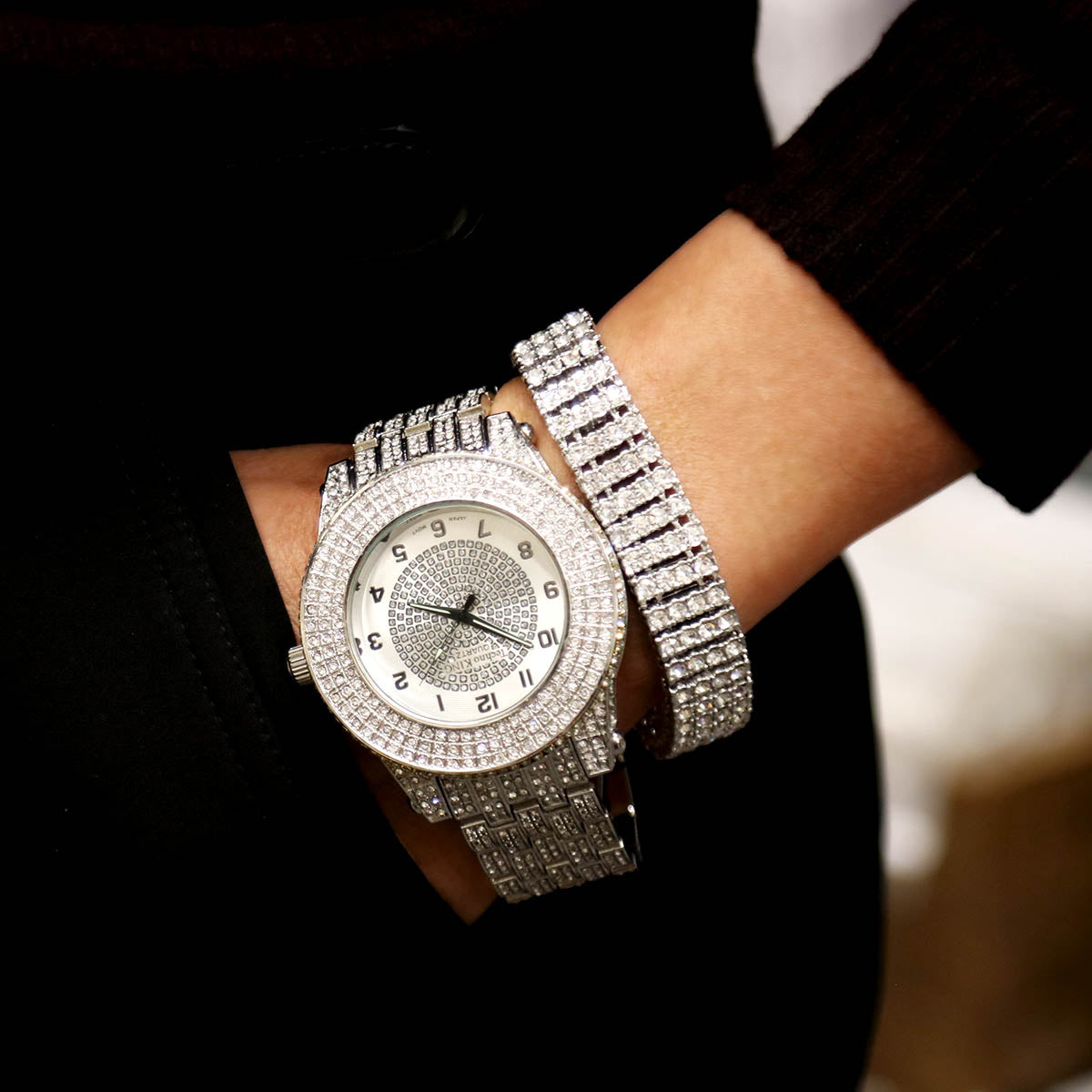 White Gold Ice Out Techno KING Watch & Bracelet SET 5