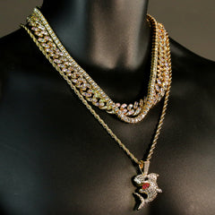 High Fashion Gold Plated AB 2 Row Cuban Tennis Chains & Cz Shark Flooded Pendant