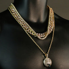 High Fashion Gold Plated AB 2 Row Cuban Tennis Chains & Cz Lit Emoji Pendant