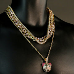 High Fashion Gold Plated AB 2 Row Cuban Tennis Chains & Cz Clown Head Pendant