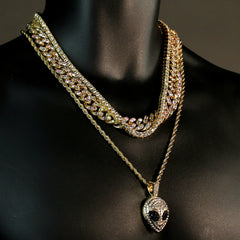 High Fashion Gold Plated AB 2 Row Cuban Tennis Chains & Cz Alien Head Pendant