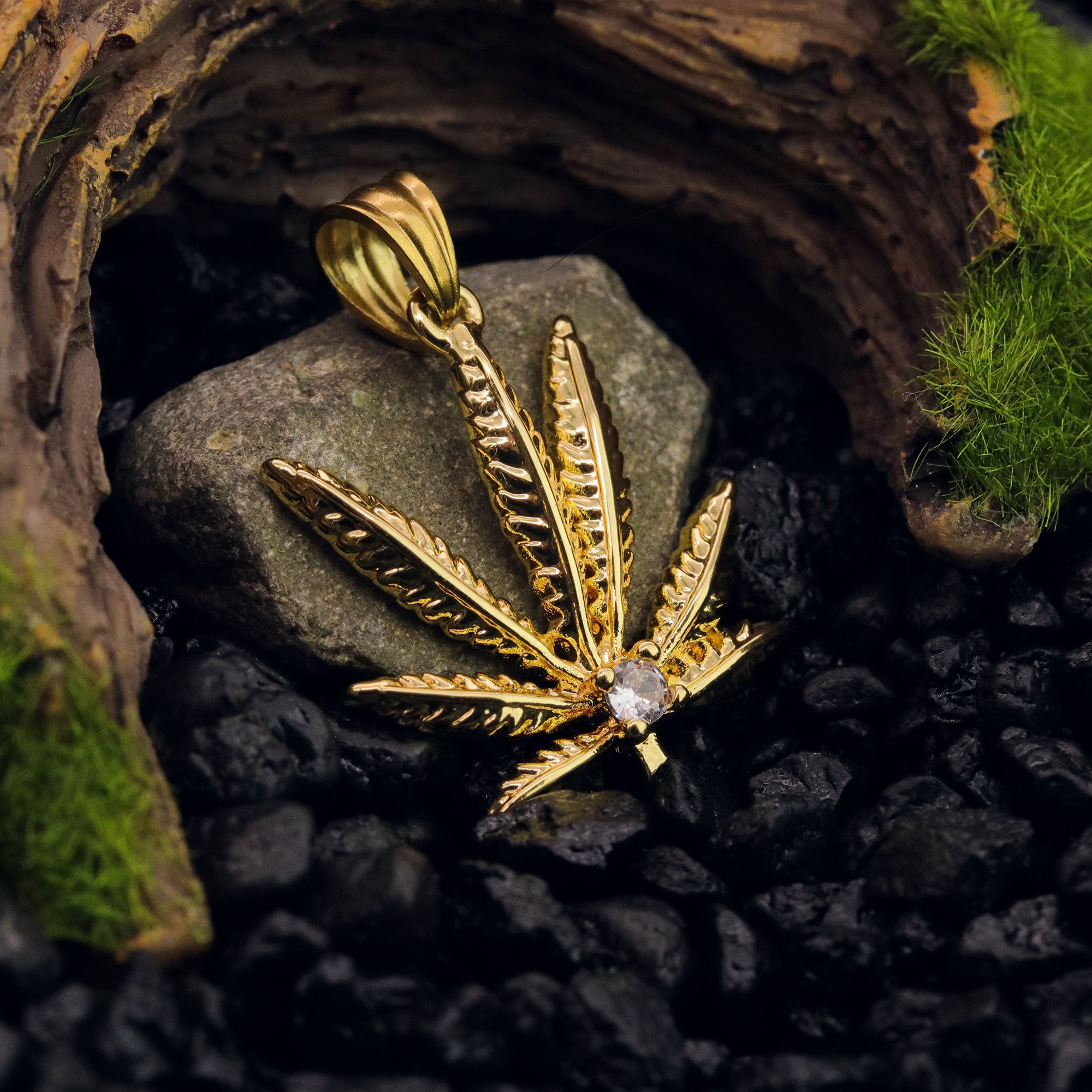 Marijuana Leaf Pendant 24" Cuban Chain Hip Hop Style 18k Gold Stainless Steel