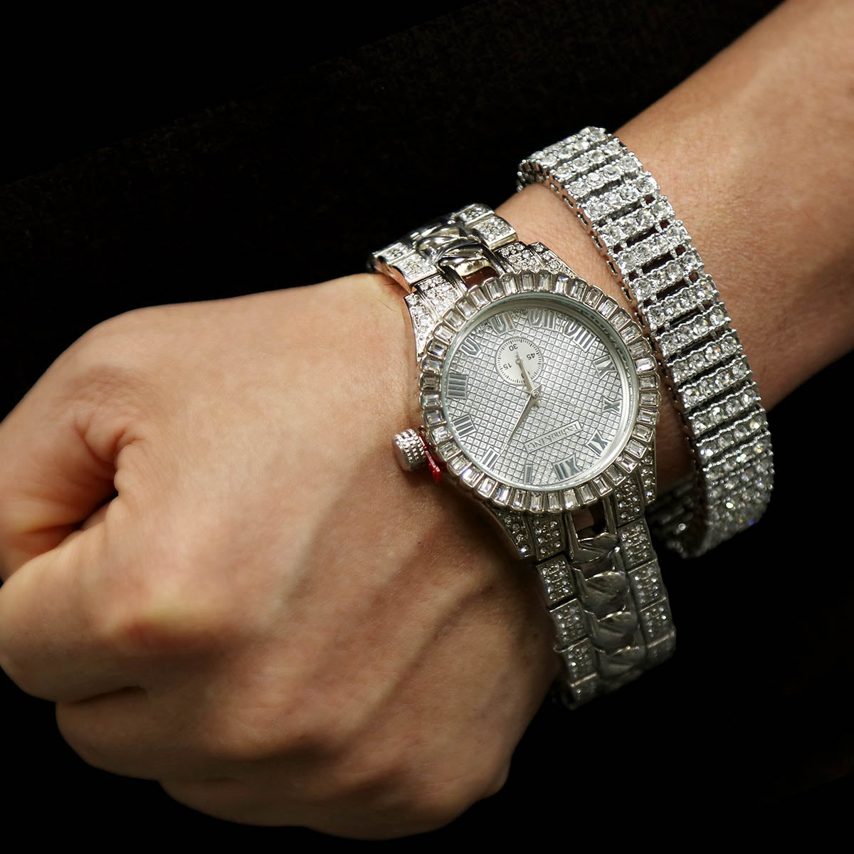 White Gold Ice Out Techno KING Watch & Bracelet SET 6