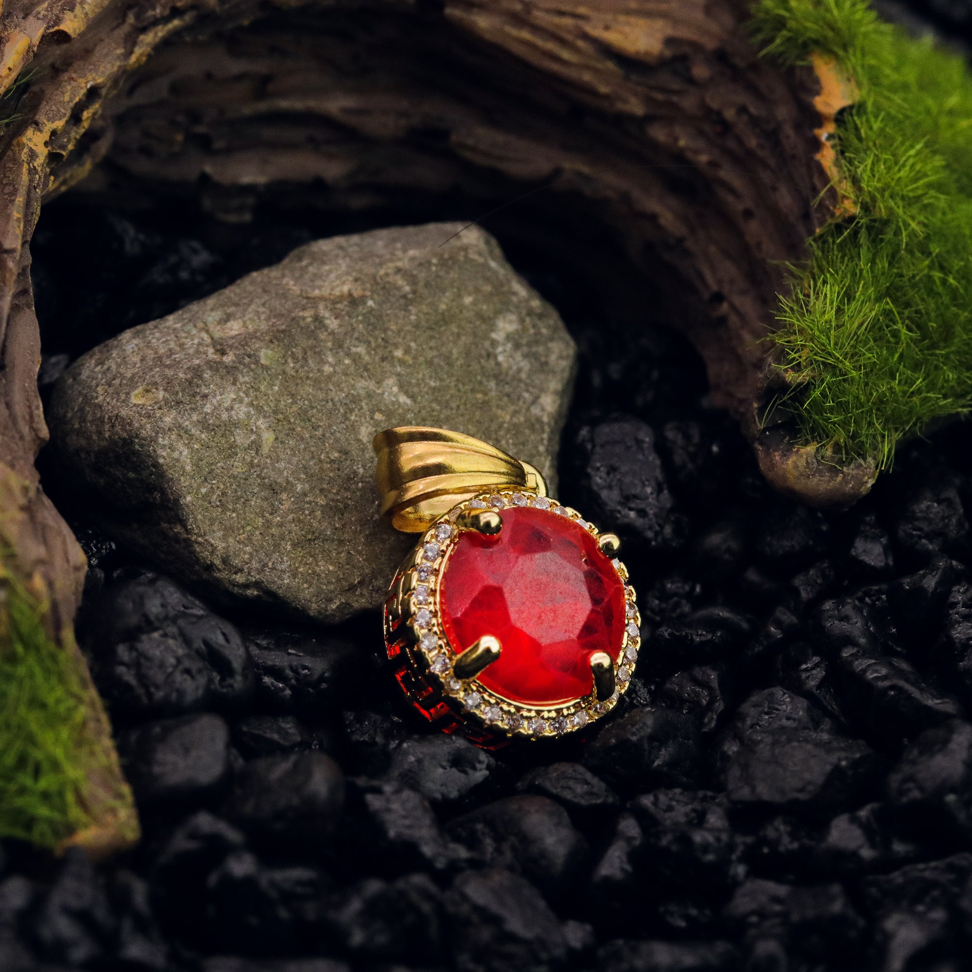 Red Round Ruby Pendant 24" Cuban Chain Hip Hop Style 18k Gold Stainless Steel