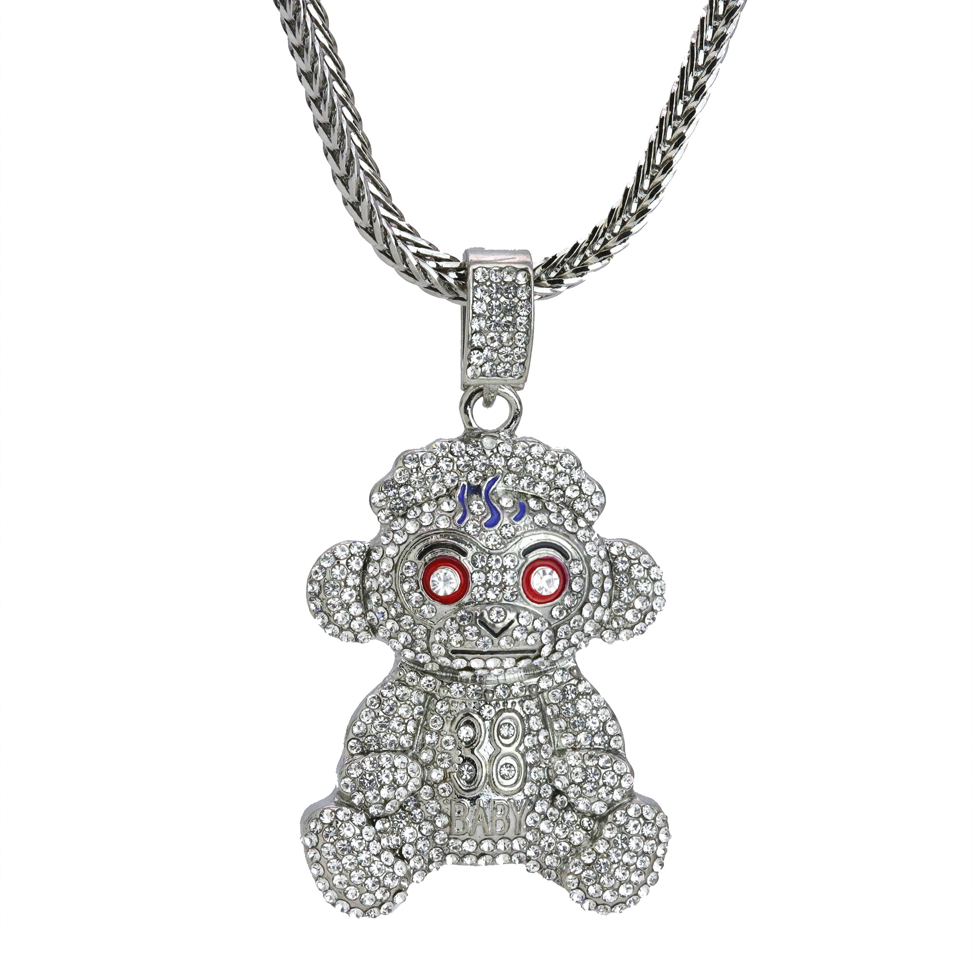 Iced Baby Monkey Pendant 24"Franco Chain Hip Hop Style Silver Plated