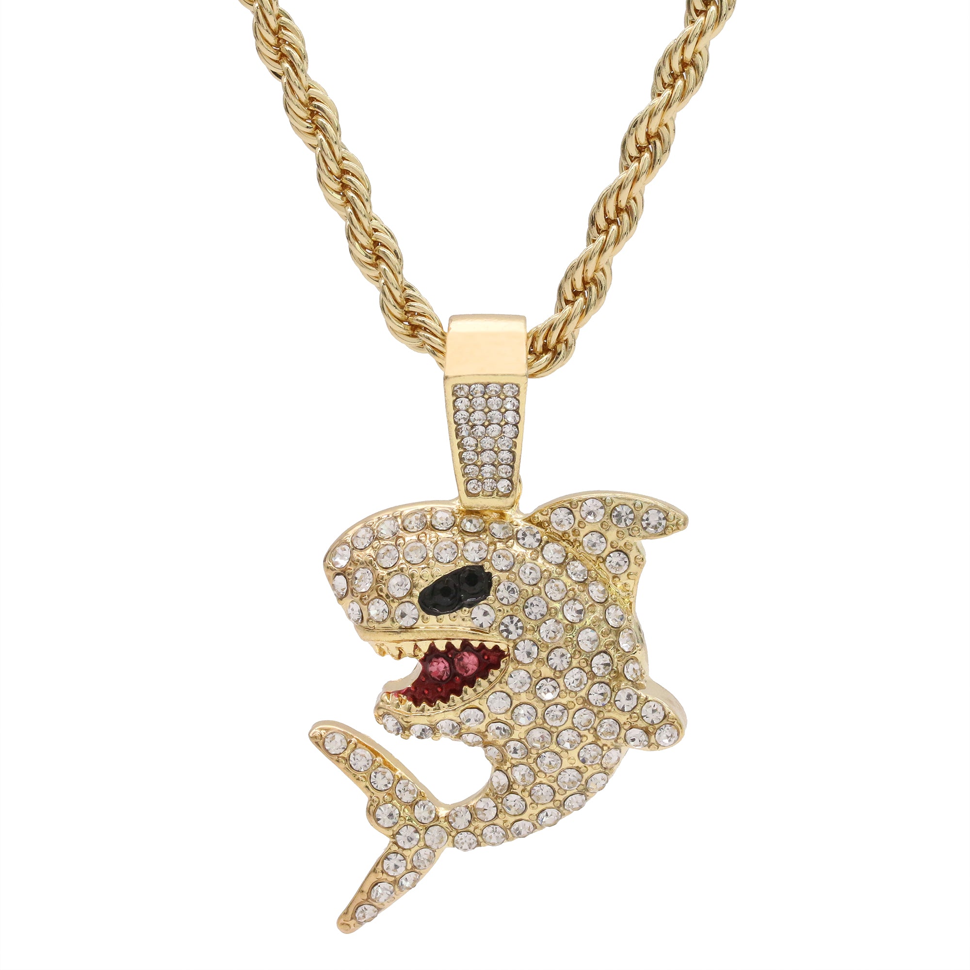 Shark Flooded Pendant Rope Necklace Chain Men's Gold Hip Hop 18k Cz Jewelry