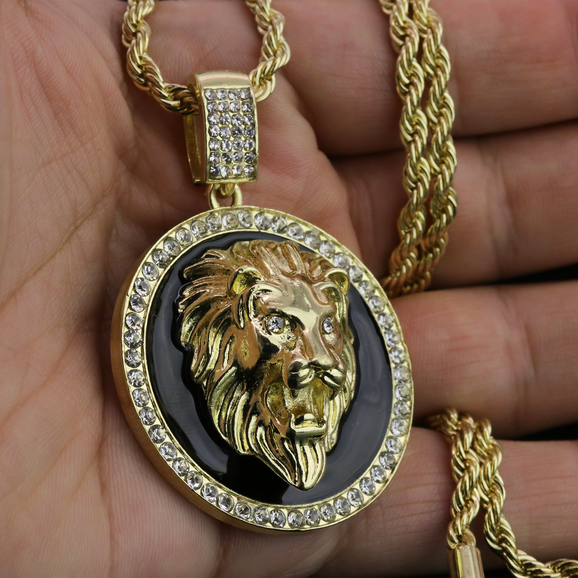 Iced Black Round Lion Face Pendant 24"Rope Chain Hip Hop Style 18k Gold Plated