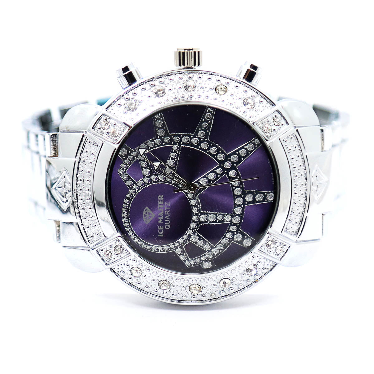 White Gold Ice Out Ice Master Watch & Bracelet SET 8 Purple Face