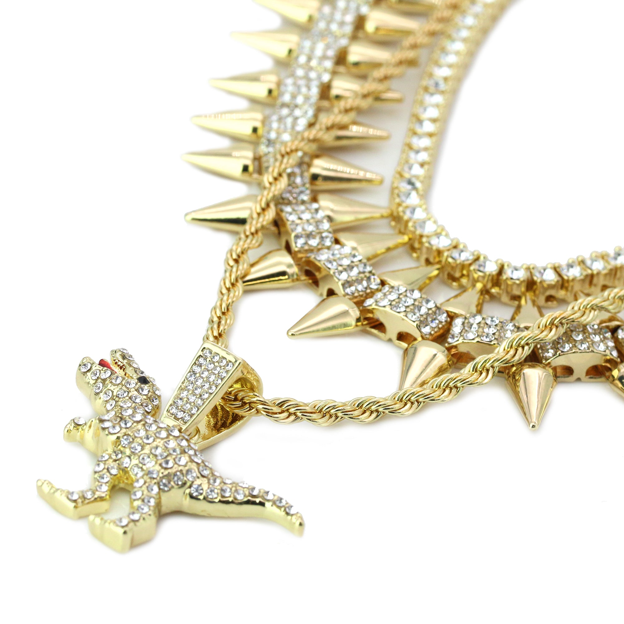 High Fashion Gold Plated AAA Spiky Chain Tennis Chains & Cz Dinosaur Roar T-Rex Pendant
