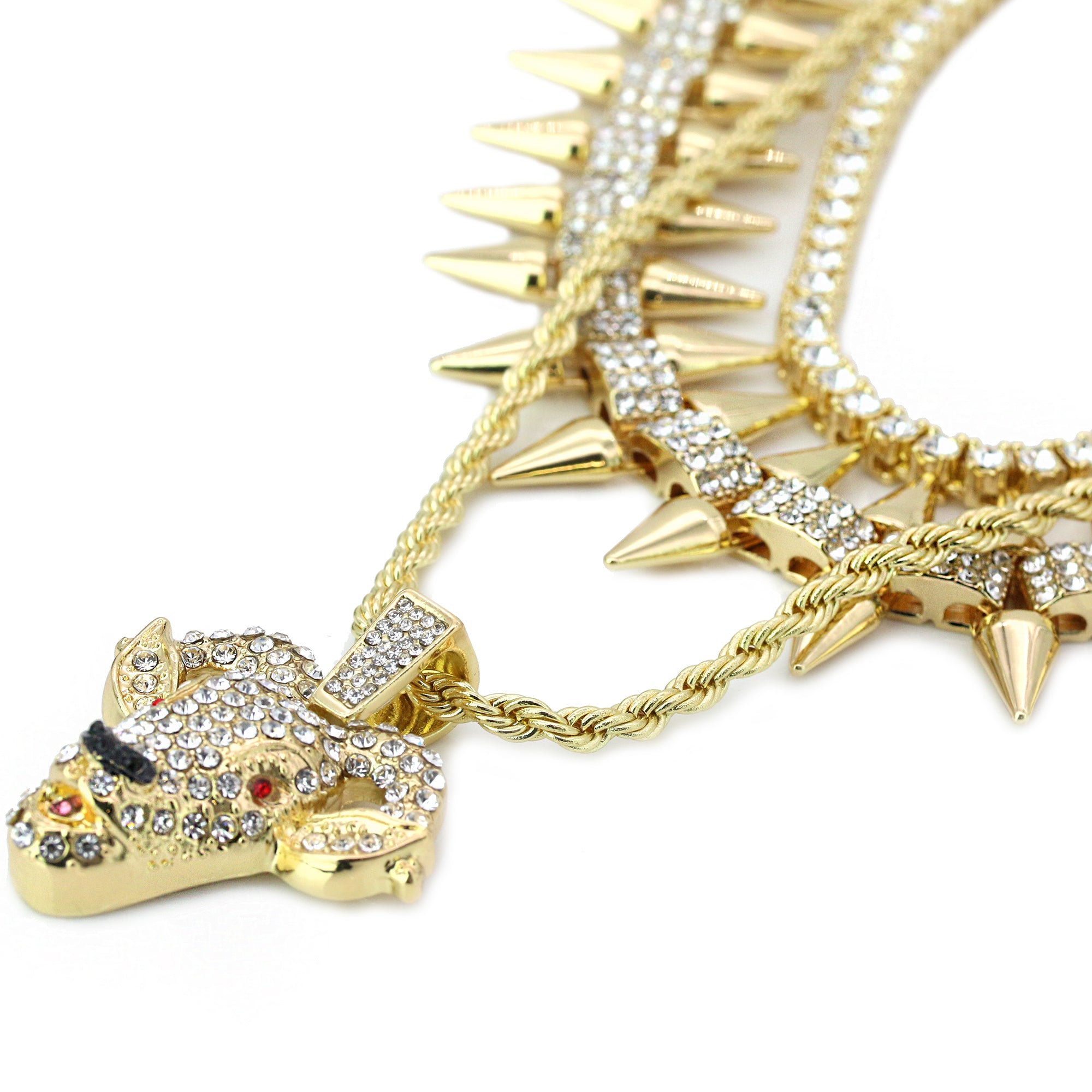 High Fashion Gold Plated AAA Spiky Tennis Chains & Cz Goat Head Red Eyes Pendant