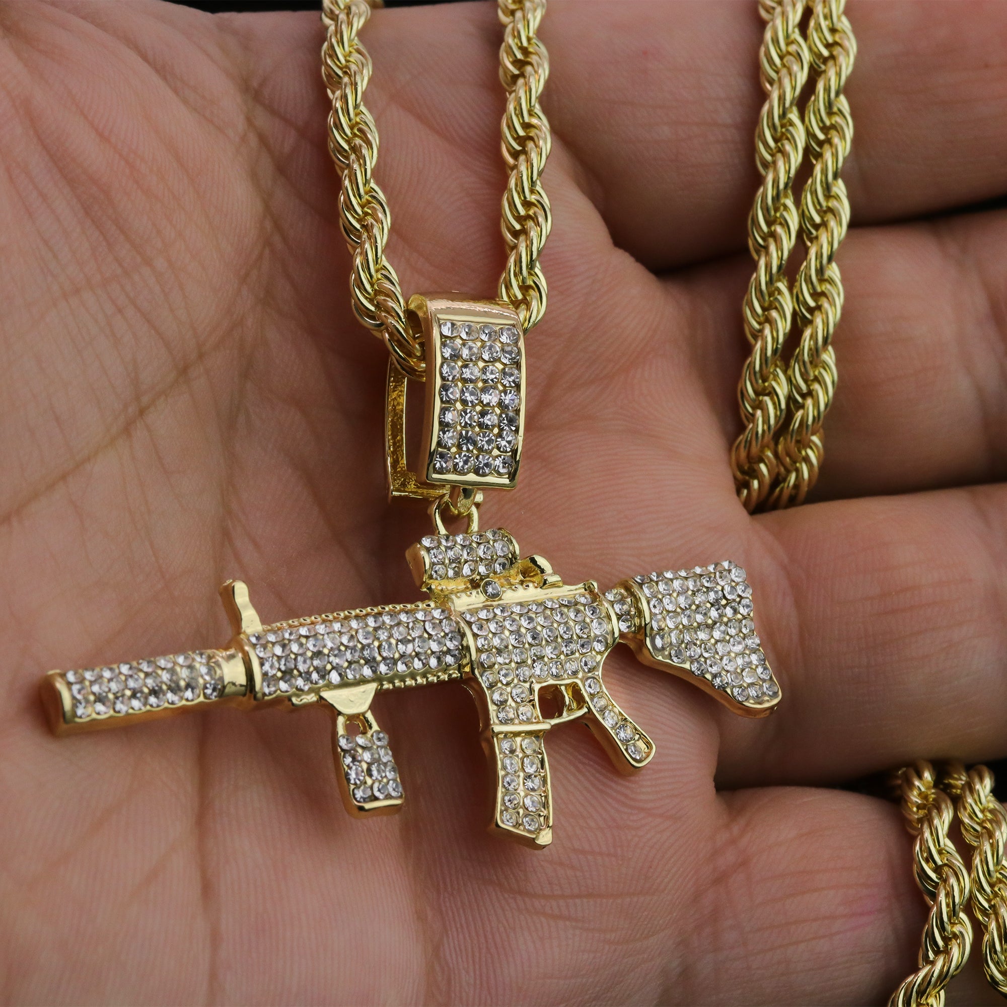 Iced AR Rifle Pendant 24"Rope Chain Hip Hop Style 18k Gold Plated Necklace