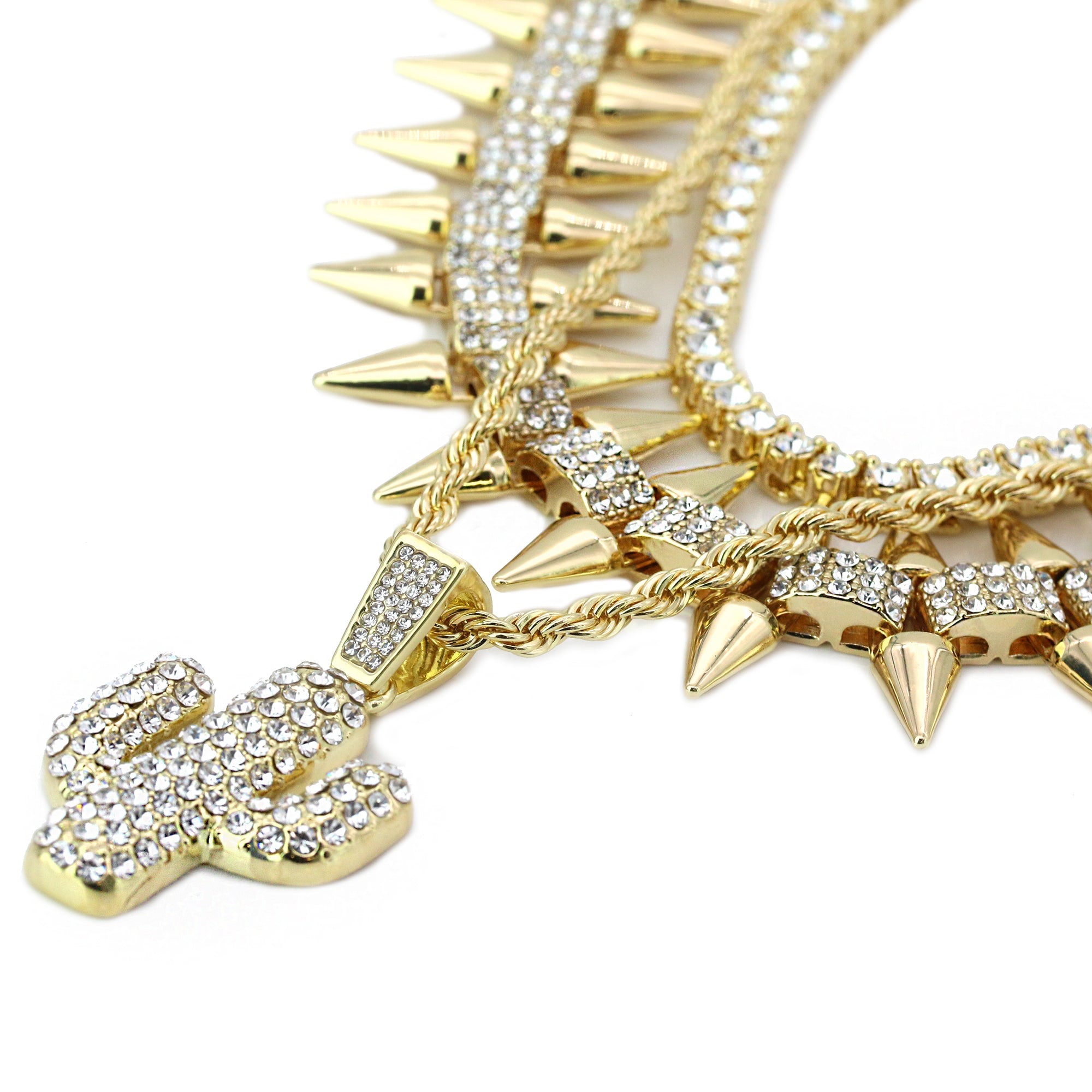 High Fashion Gold Plated AAA Spiky Tennis Chains & Cz Cactus Desert Jakh Pendant