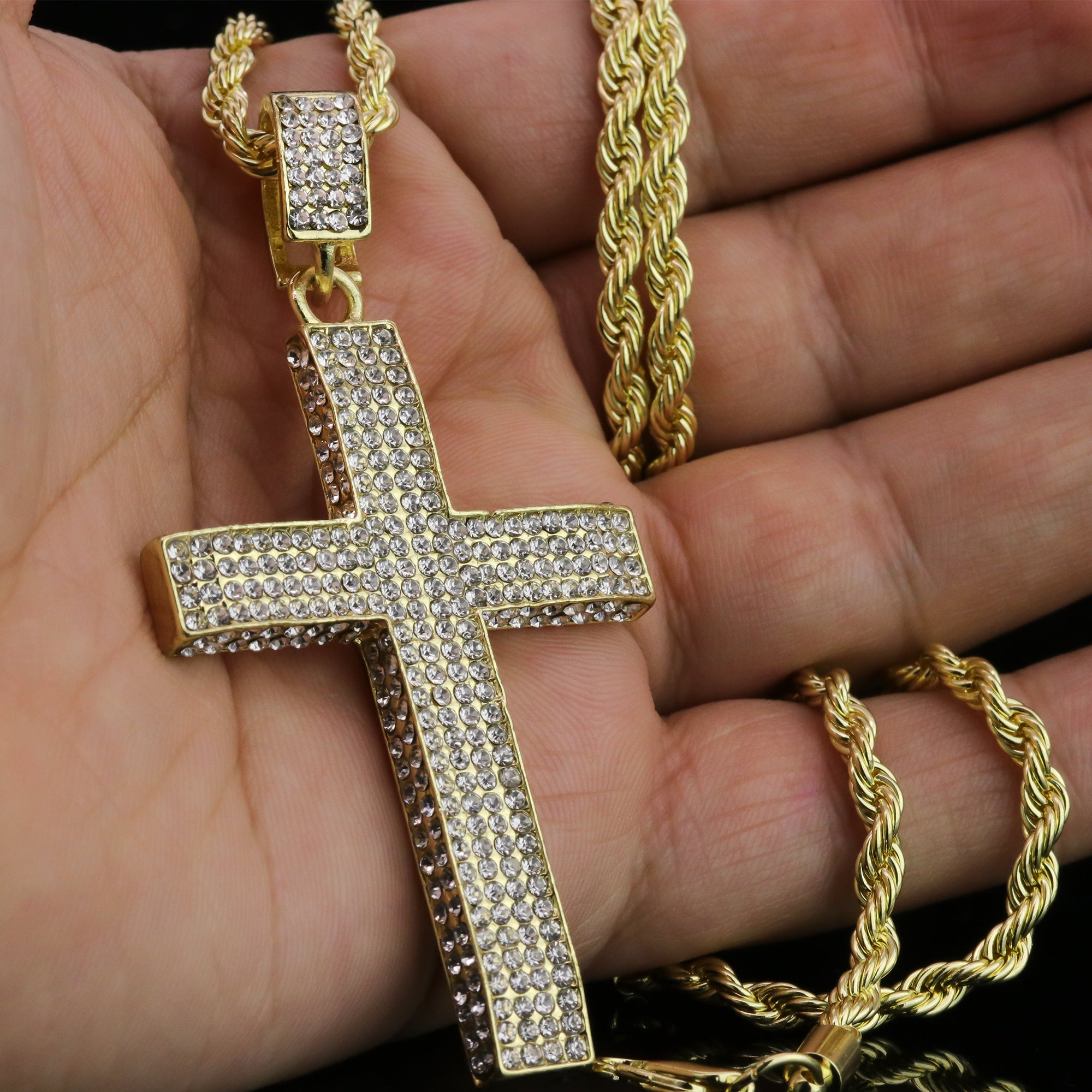 Cz Long 4 Row Cross Pendant 24" Rope Chain Hip Hop Style 18k Gold Plated