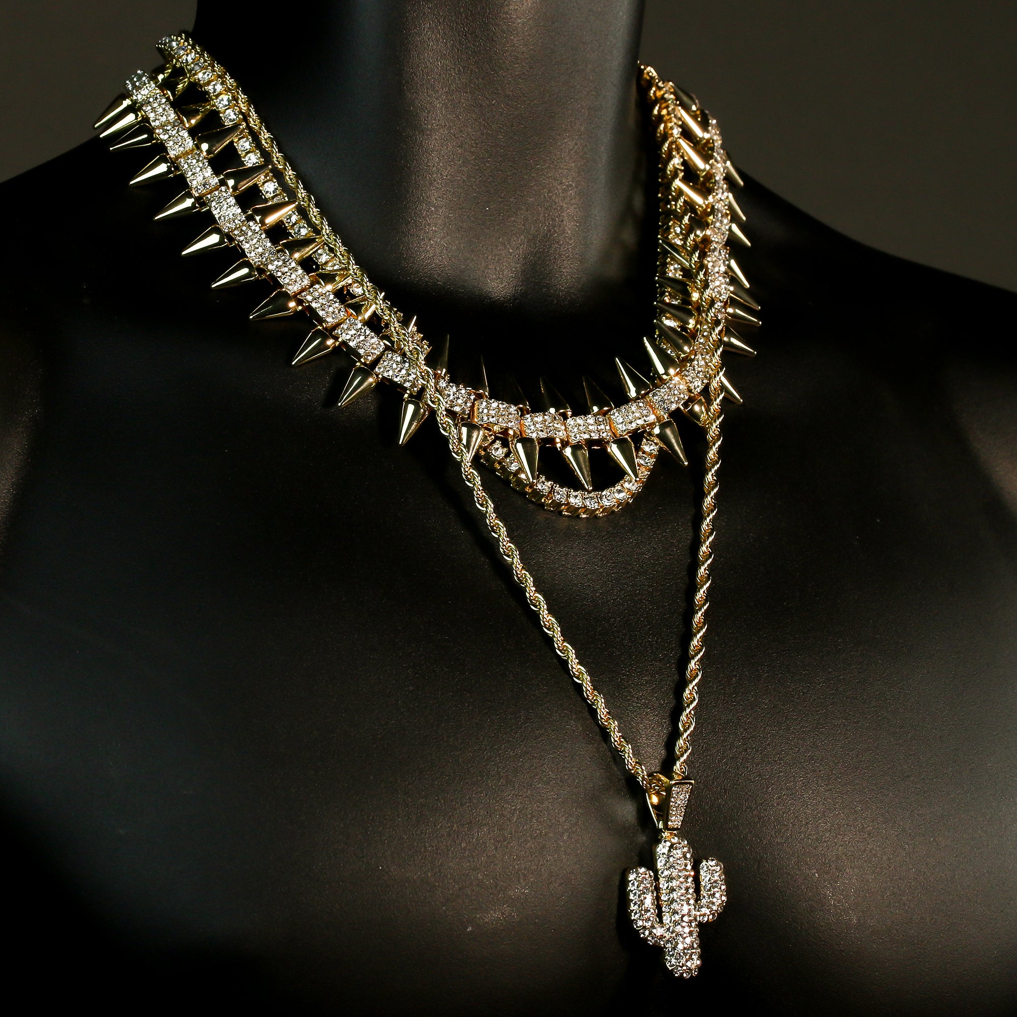 High Fashion Gold Plated AAA Spiky Tennis Chains & Cz Cactus Desert Jakh Pendant