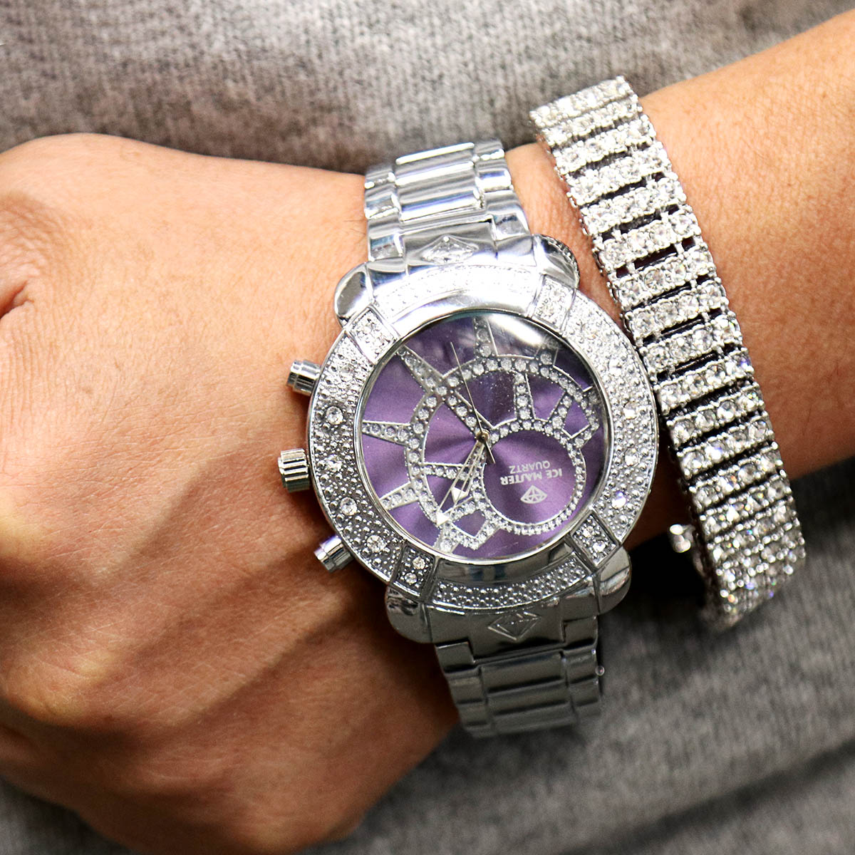 White Gold Ice Out Ice Master Watch & Bracelet SET 8 Purple Face